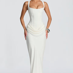 Ivory summer maxi dress for women with square neckline and bodycon fit, stylish and elegant dress from My Store.
