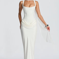 Ivory summer maxi dress for women with square neckline and bodycon fit, stylish women's clothing dress from My Store.