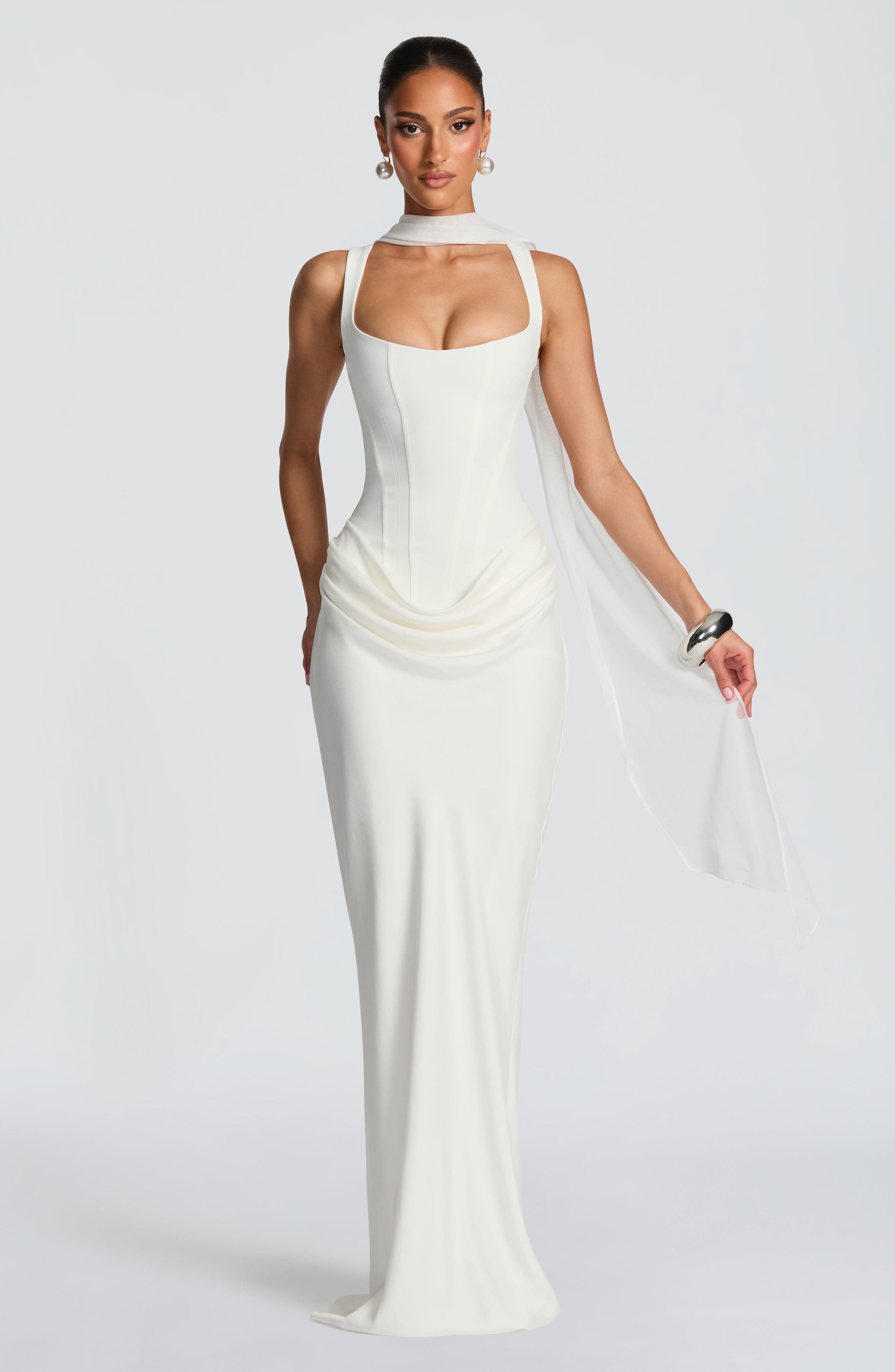 Ivory summer maxi dress for women with square neckline and bodycon fit, stylish women's clothing dress from My Store.