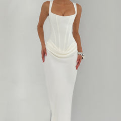Ivory summer maxi dress for women with square neckline and bodycon fit, stylish and comfortable for warm weather.
