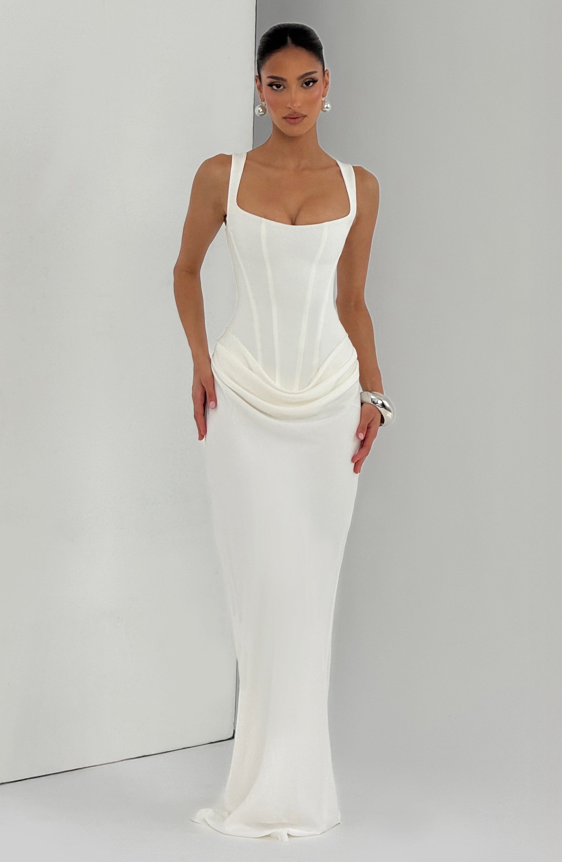 Ivory summer maxi dress for women with square neckline and bodycon fit, stylish and comfortable for warm weather.