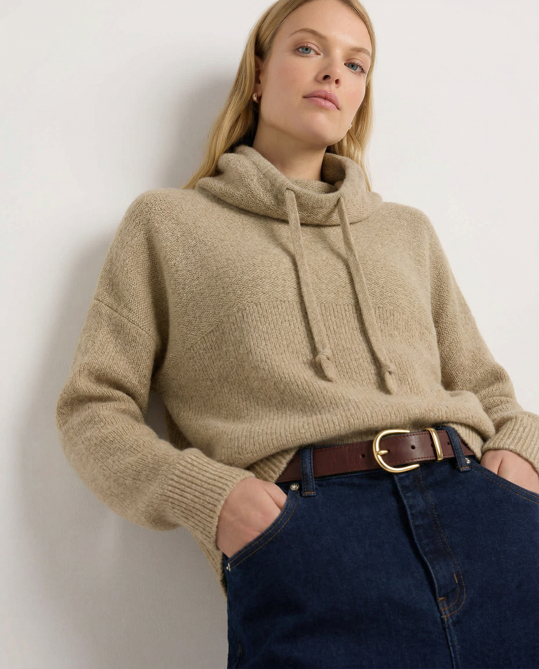 Knit Hoodie Women Relaxed Fit Ribbed Trim Long Sleeve