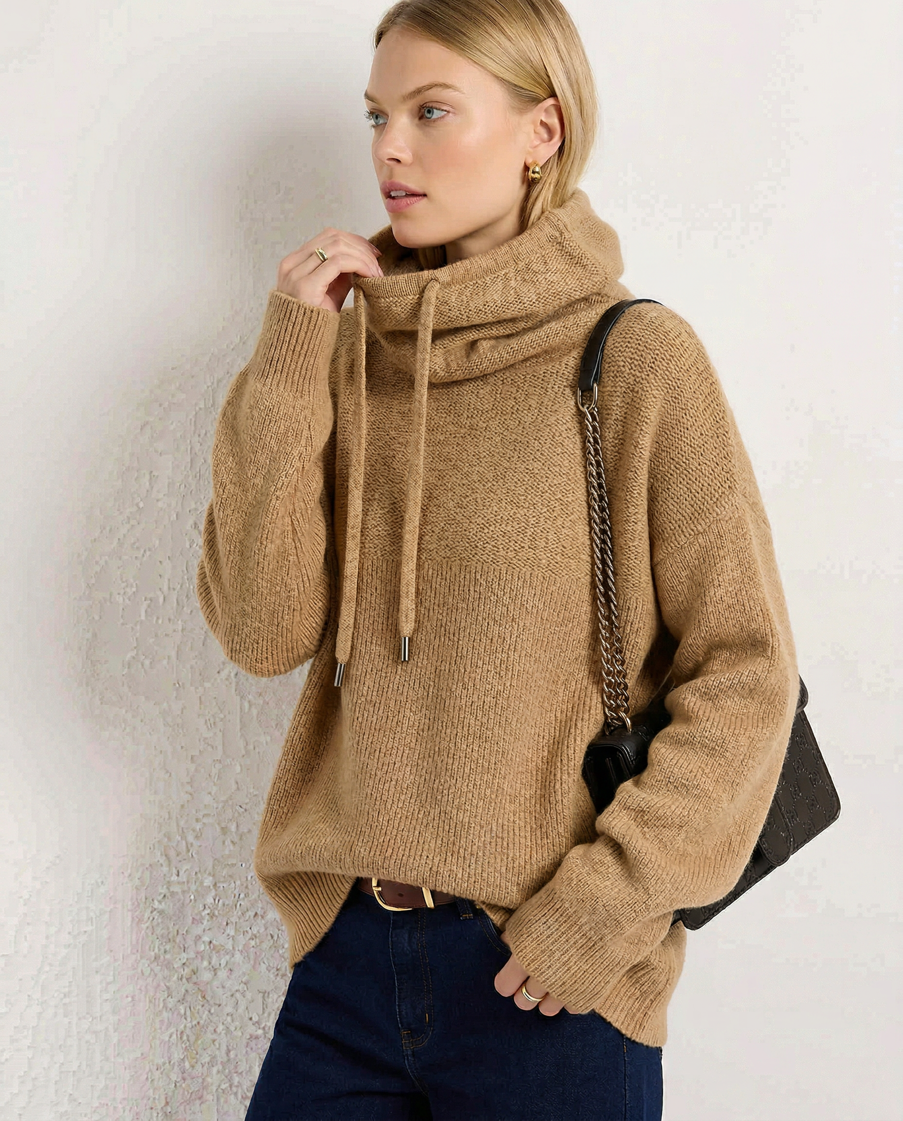 Knit Hoodie Women Relaxed Fit Ribbed Trim Long Sleeve