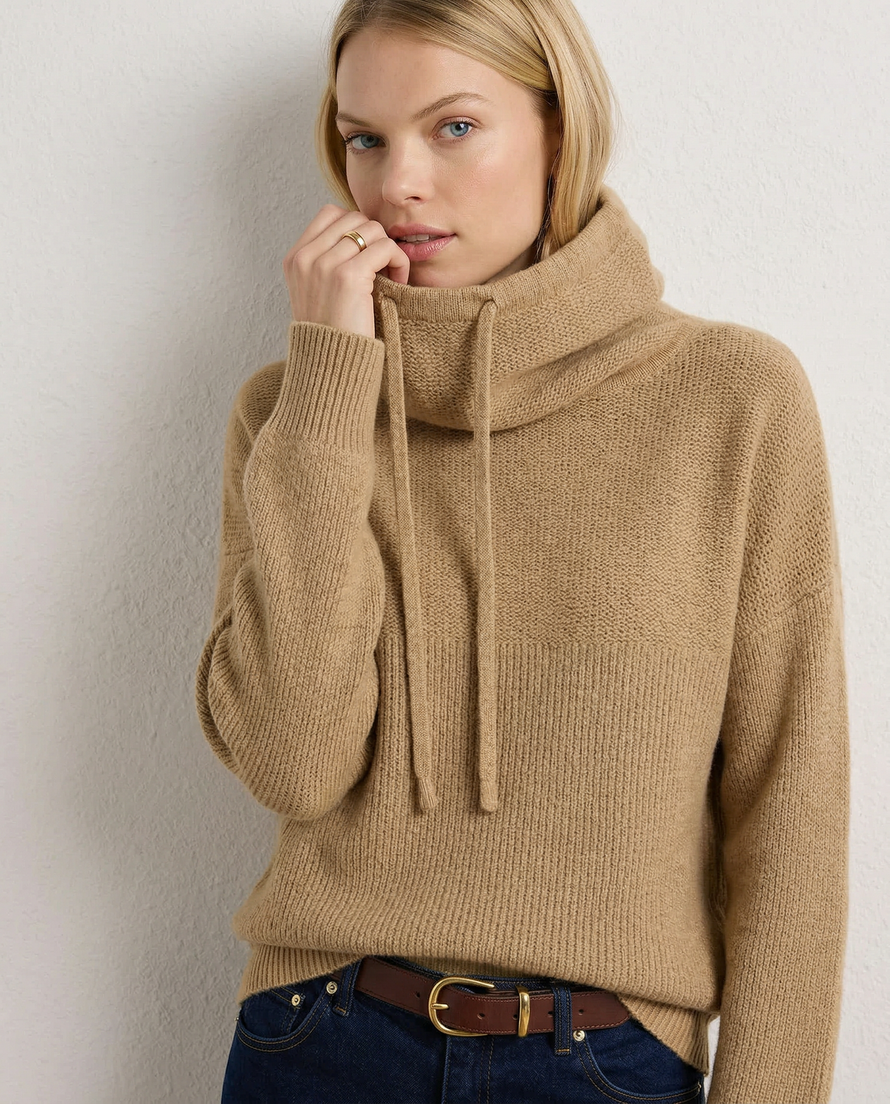 Knit Hoodie Women Relaxed Fit Ribbed Trim Long Sleeve