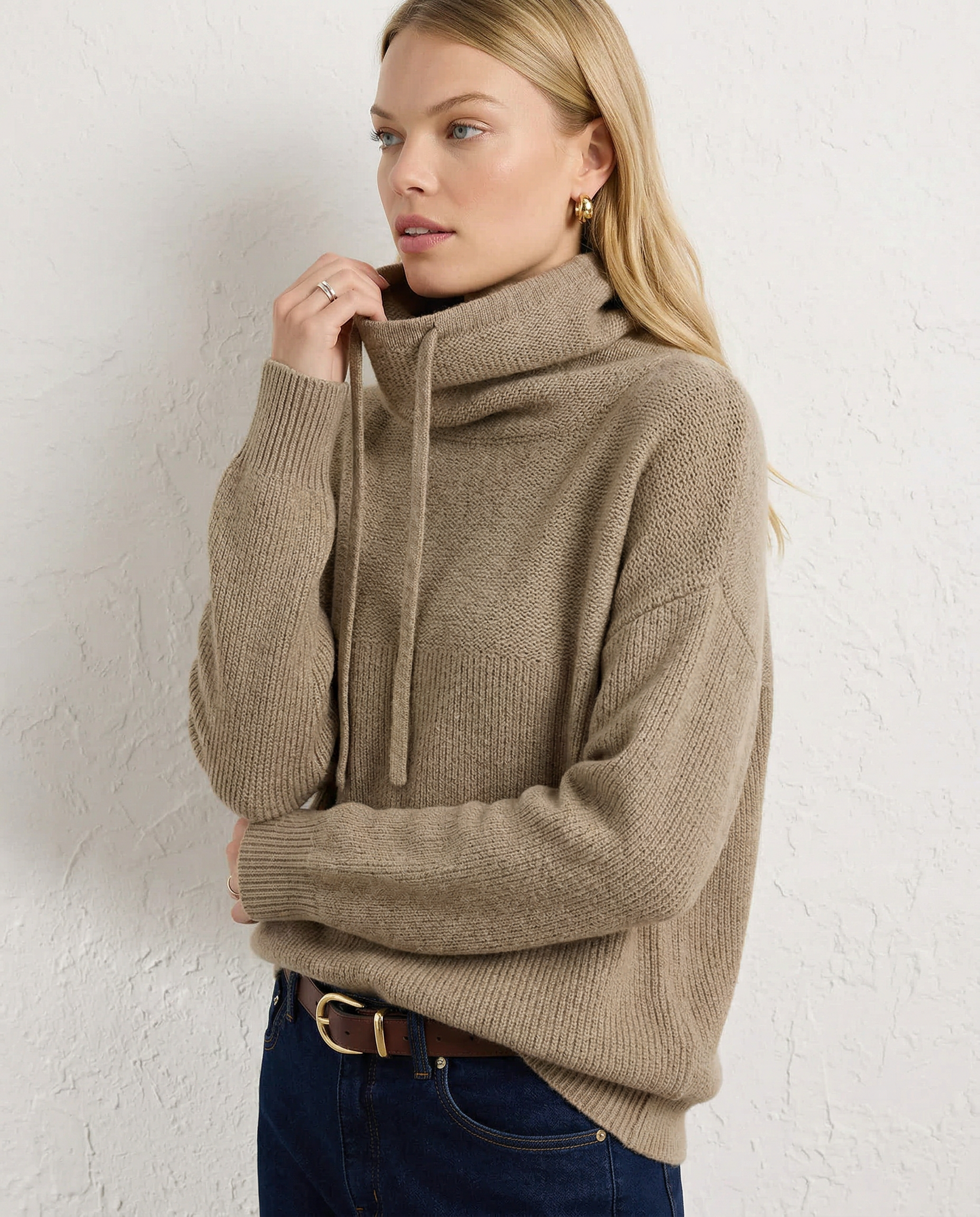 Knit Hoodie Women Relaxed Fit Ribbed Trim Long Sleeve