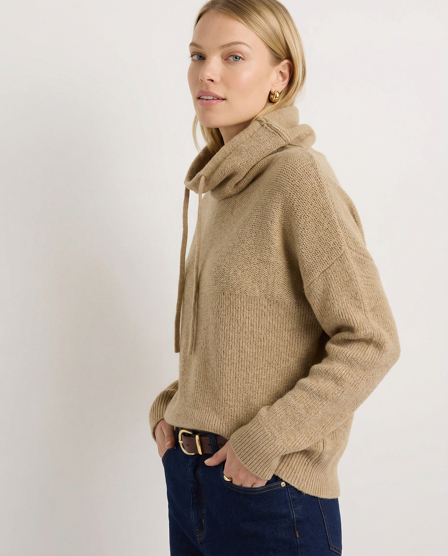 Knit Hoodie Women Relaxed Fit Ribbed Trim Long Sleeve