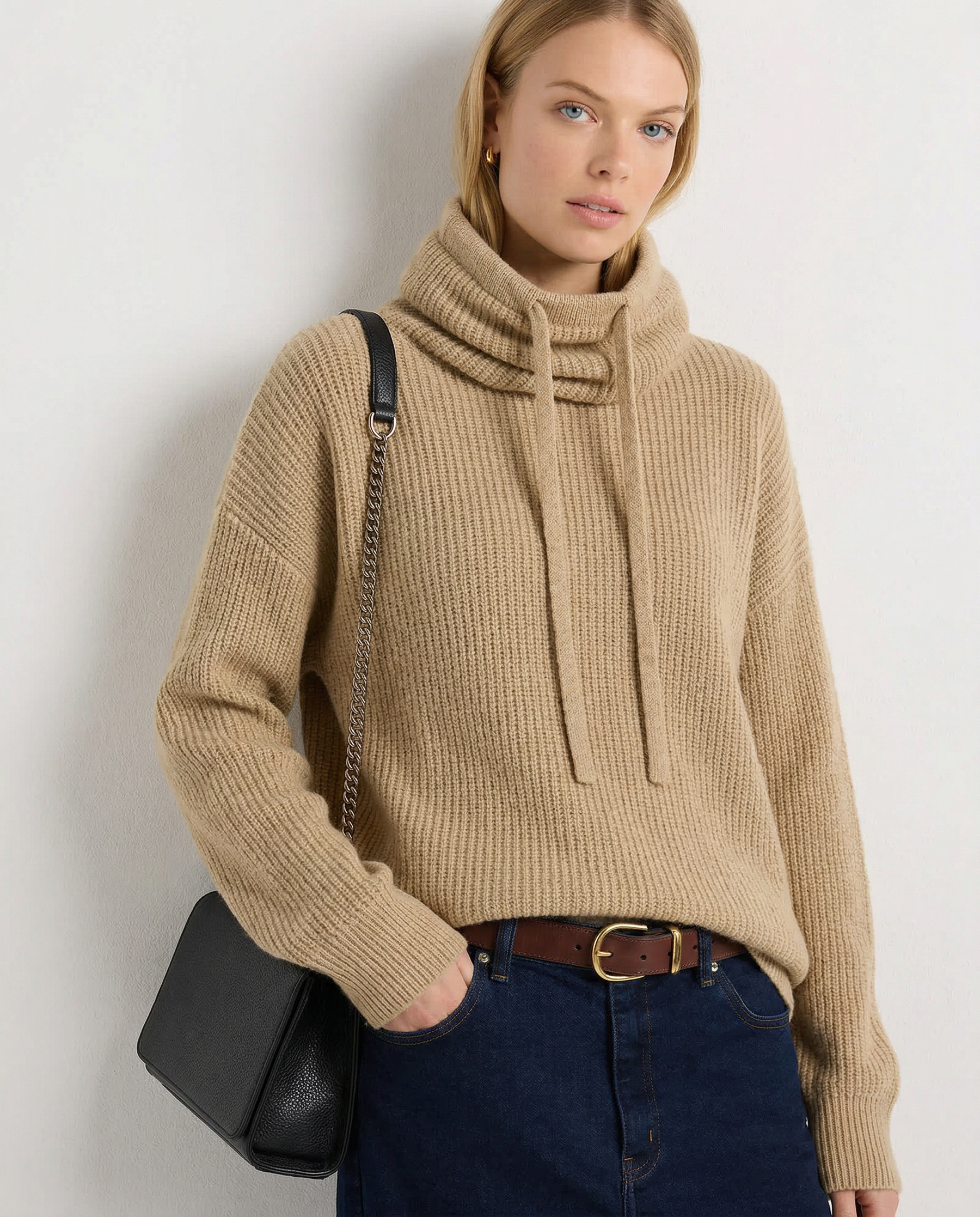 Knit Hoodie Women Relaxed Fit Ribbed Trim Long Sleeve