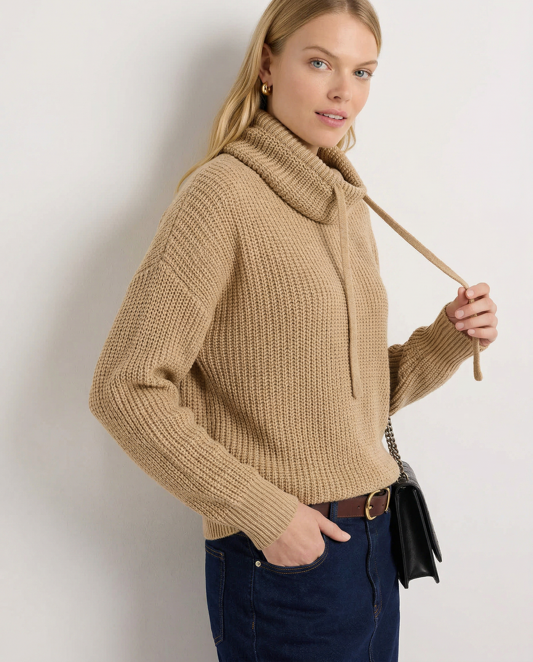 Knit Hoodie Women Relaxed Fit Ribbed Trim Long Sleeve