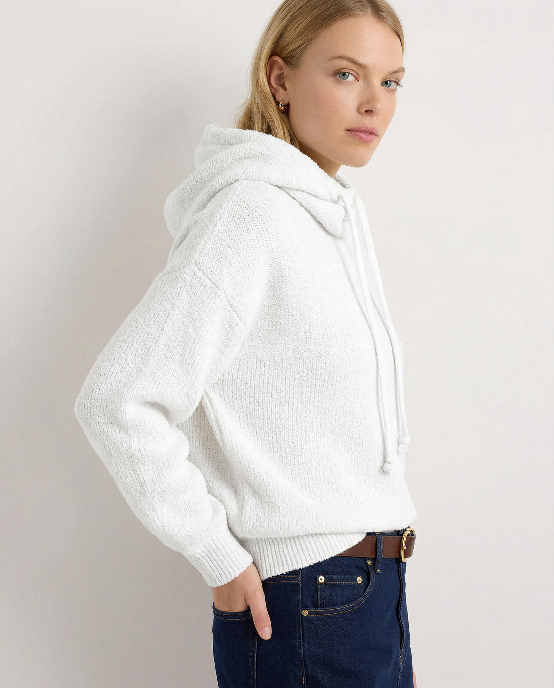 Knit Hoodie Women Relaxed Fit Ribbed Trim Long Sleeve
