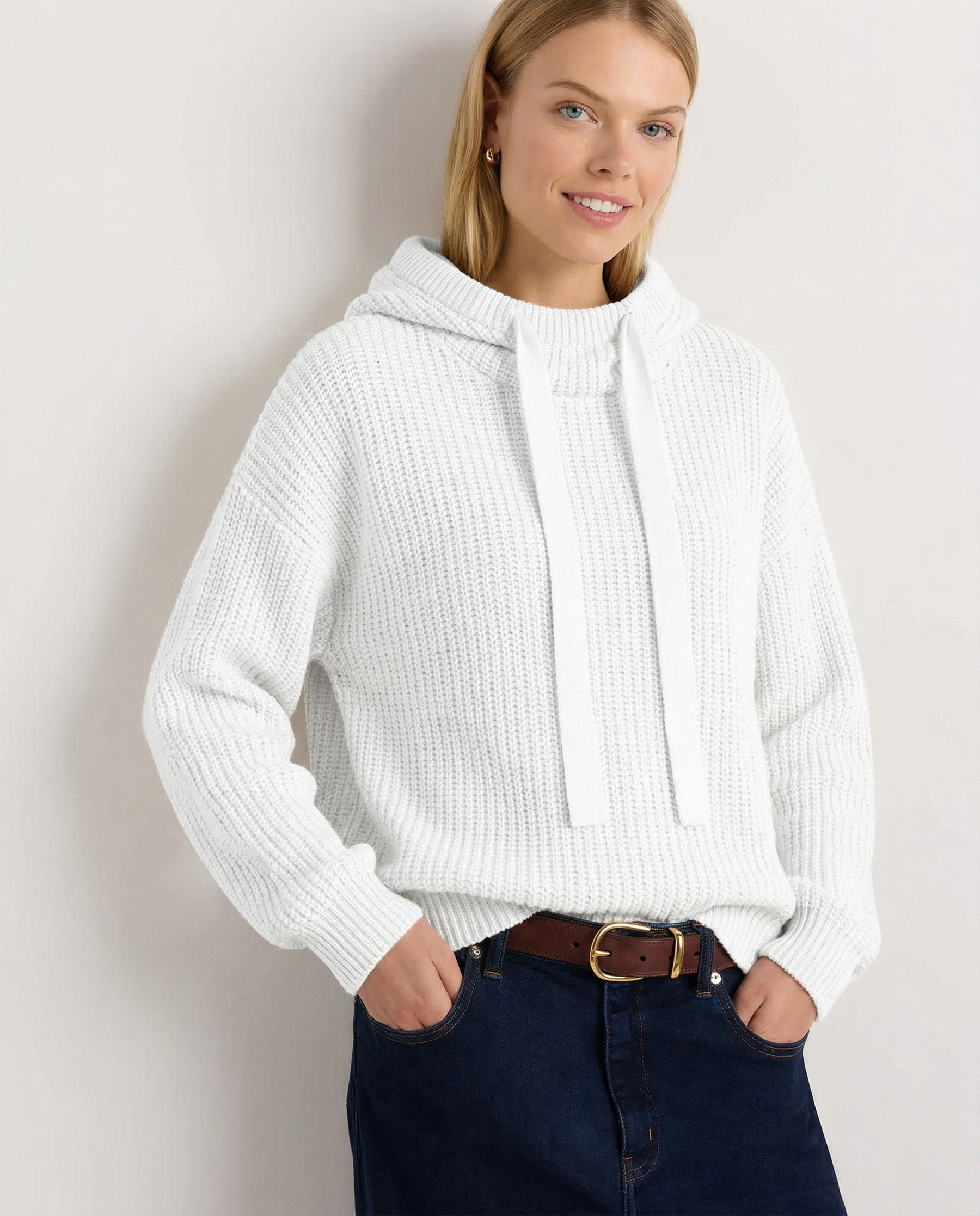 Knit Hoodie Women Relaxed Fit Ribbed Trim Long Sleeve
