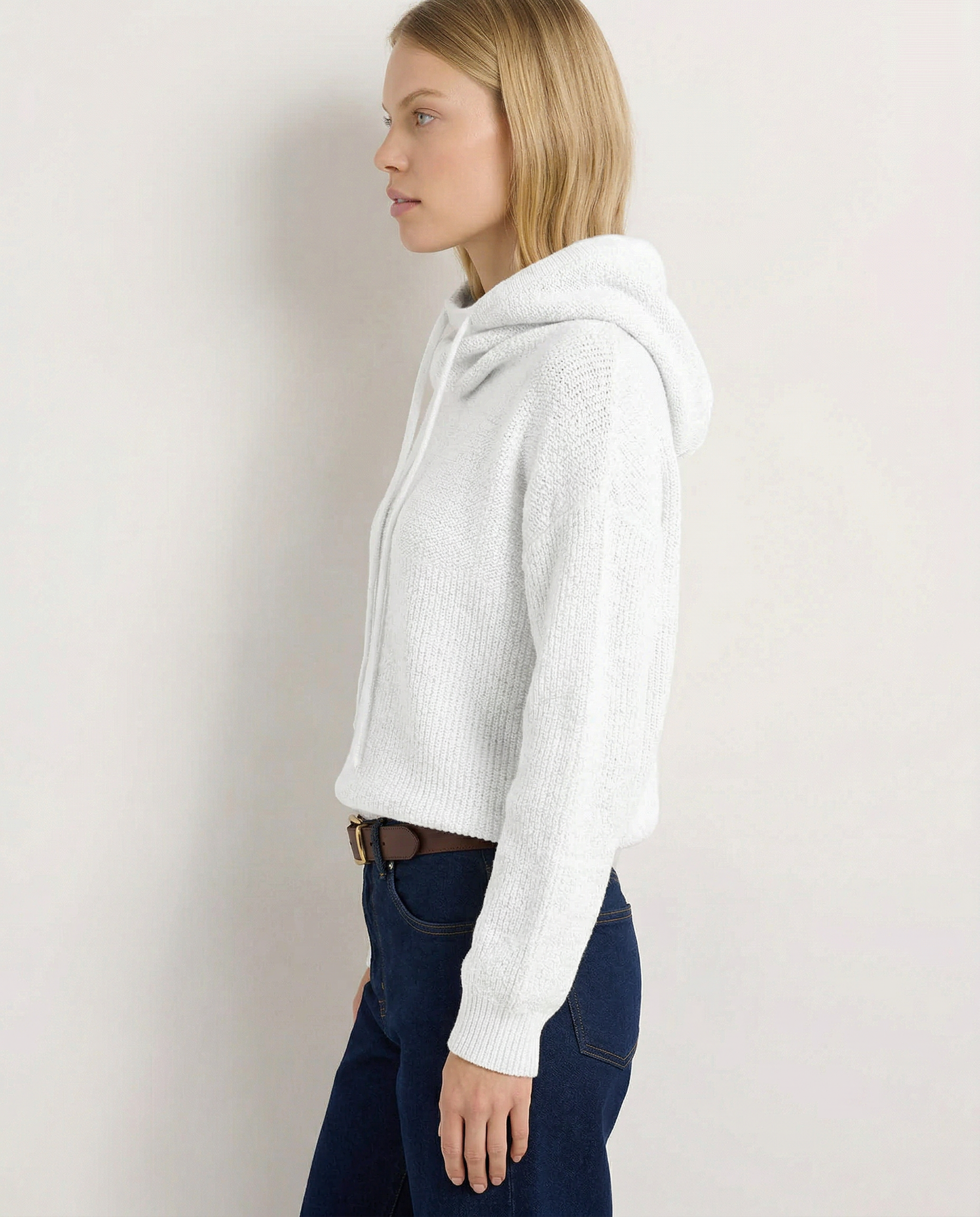 Knit Hoodie Women Relaxed Fit Ribbed Trim Long Sleeve
