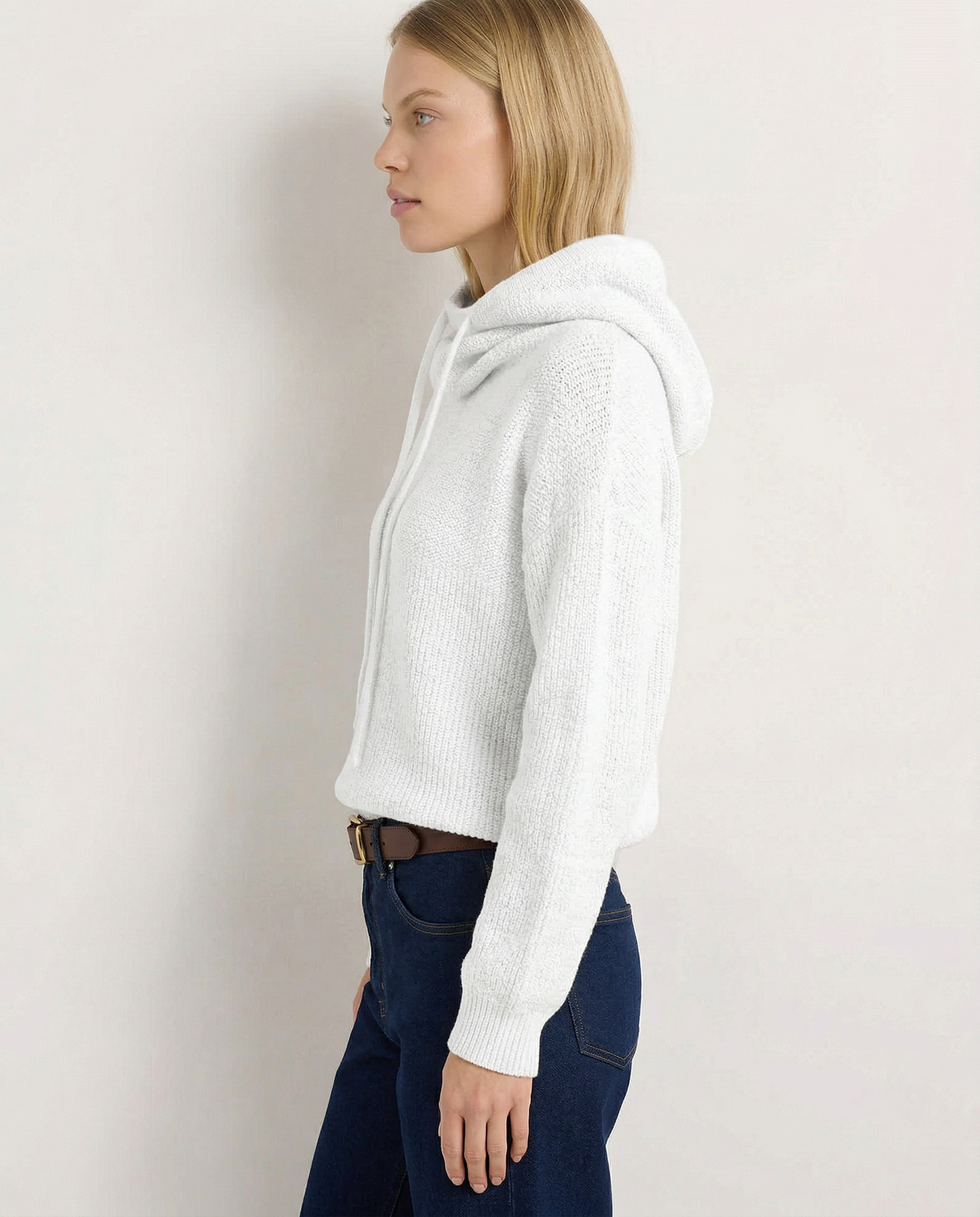 Knit Hoodie Women Relaxed Fit Ribbed Trim Long Sleeve