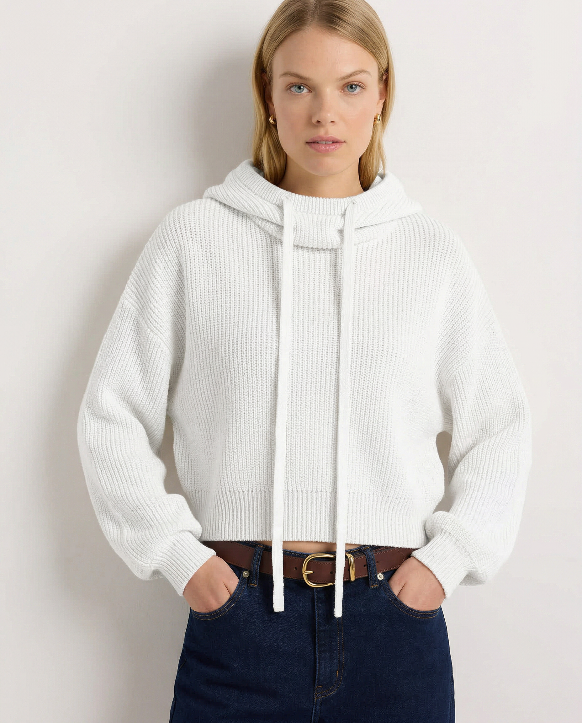 Knit Hoodie Women Relaxed Fit Ribbed Trim Long Sleeve