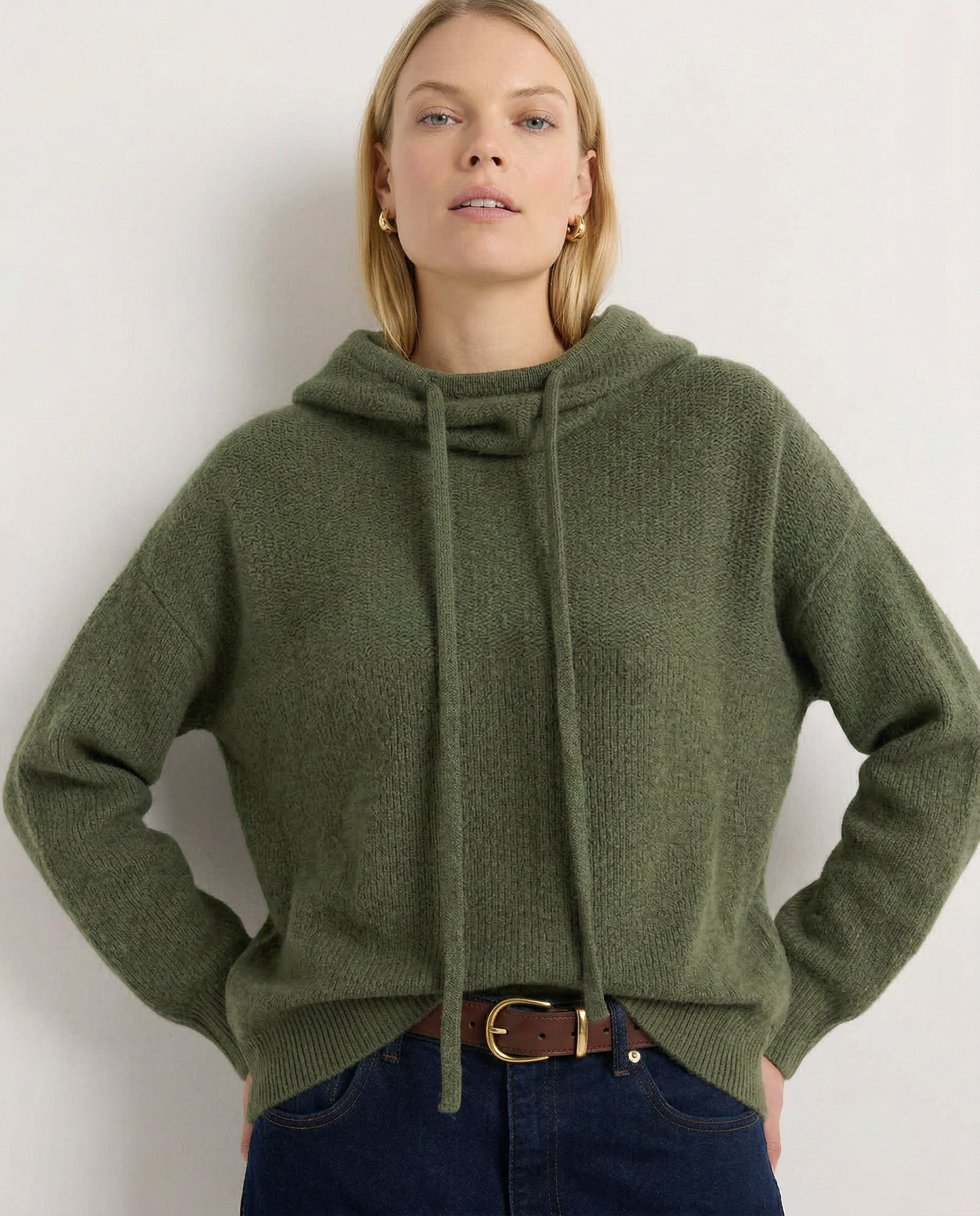 Knit Hoodie Women Relaxed Fit Ribbed Trim Long Sleeve