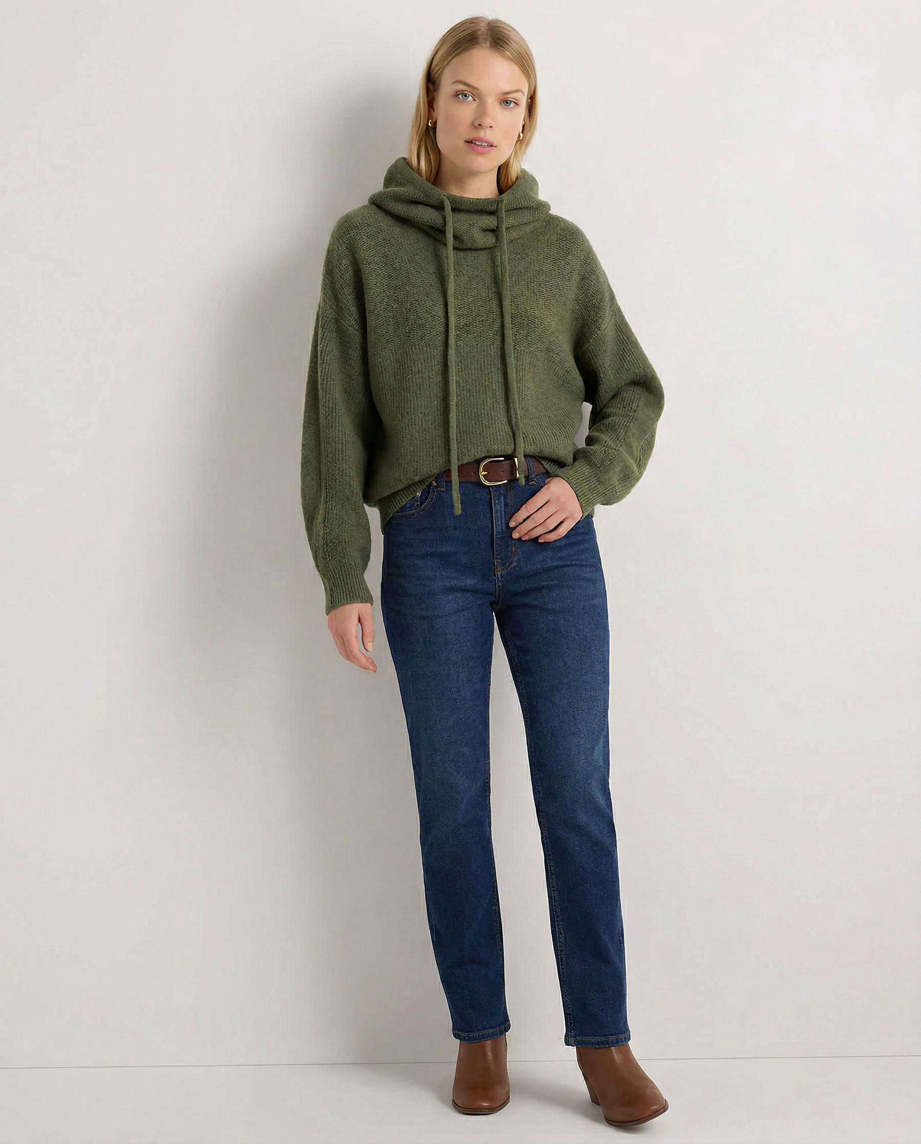 Knit Hoodie Women Relaxed Fit Ribbed Trim Long Sleeve