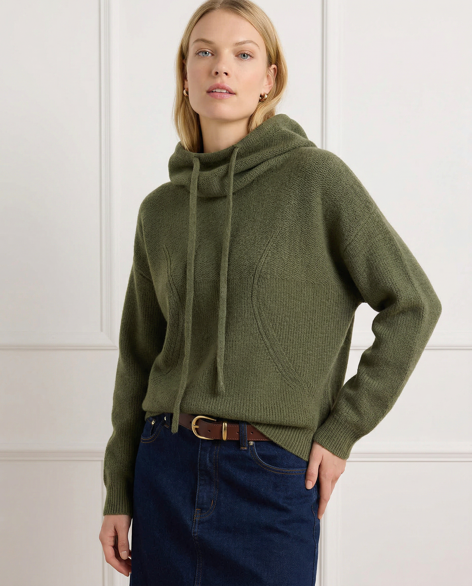 Knit Hoodie Women Relaxed Fit Ribbed Trim Long Sleeve