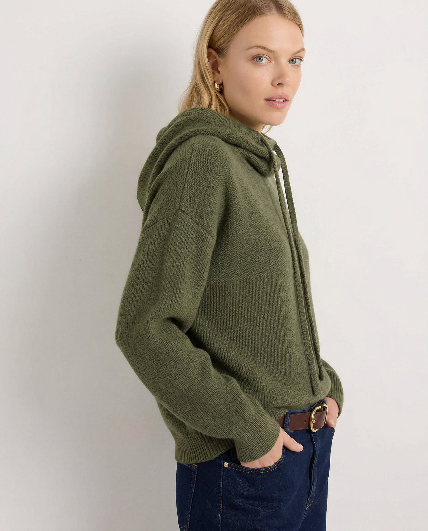 Knit Hoodie Women Relaxed Fit Ribbed Trim Long Sleeve