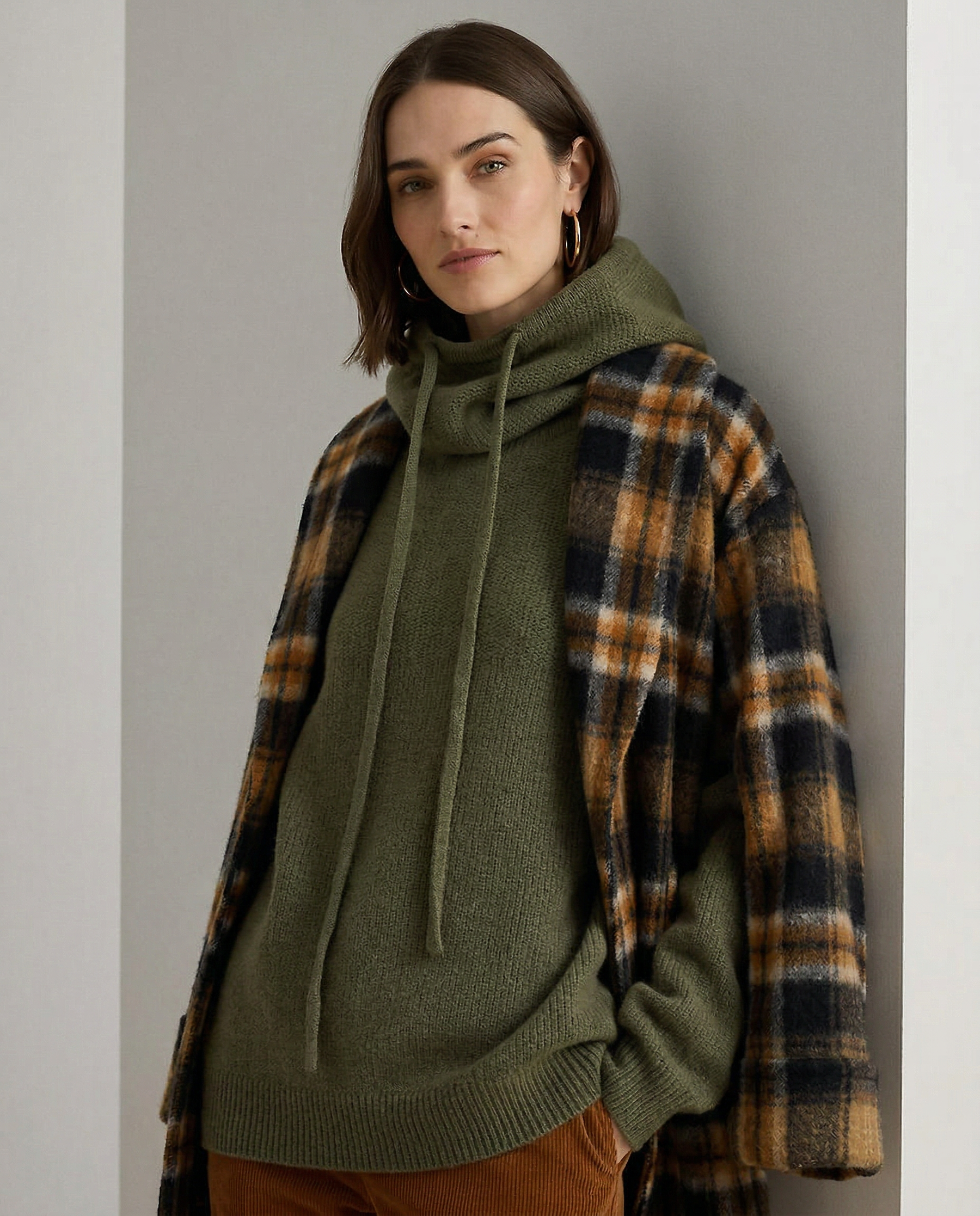 Knit Hoodie Women Relaxed Fit Ribbed Trim Long Sleeve