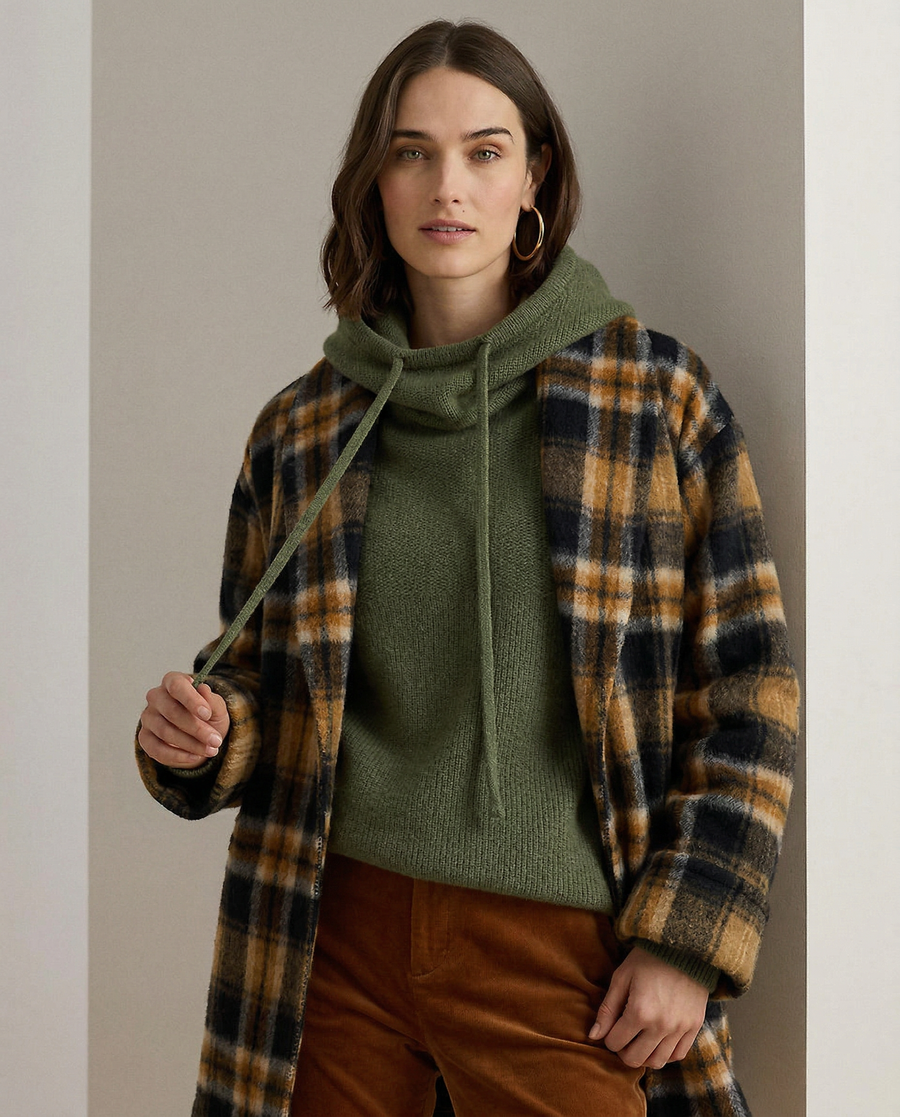 Knit Hoodie Women Relaxed Fit Ribbed Trim Long Sleeve