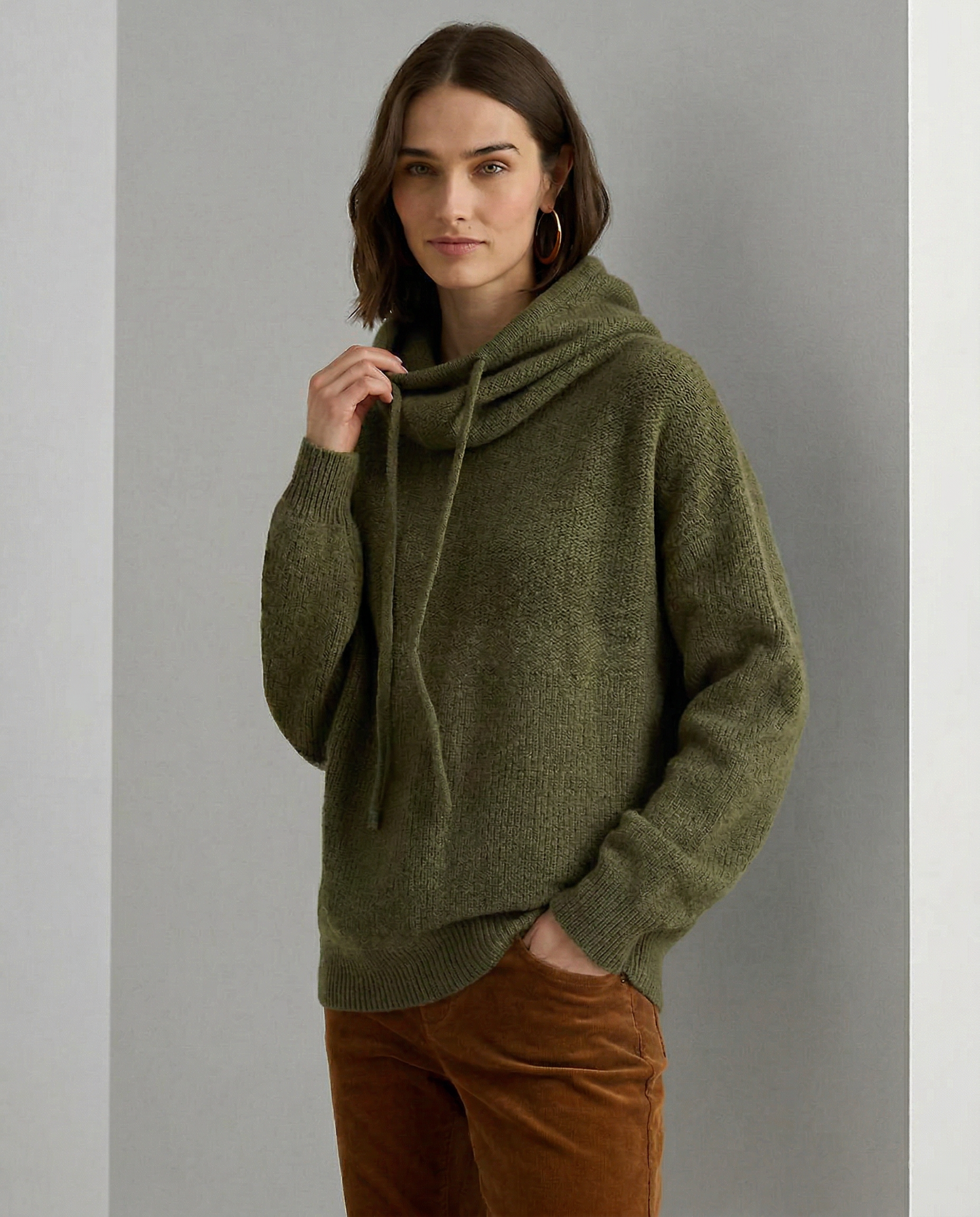 Knit Hoodie Women Relaxed Fit Ribbed Trim Long Sleeve