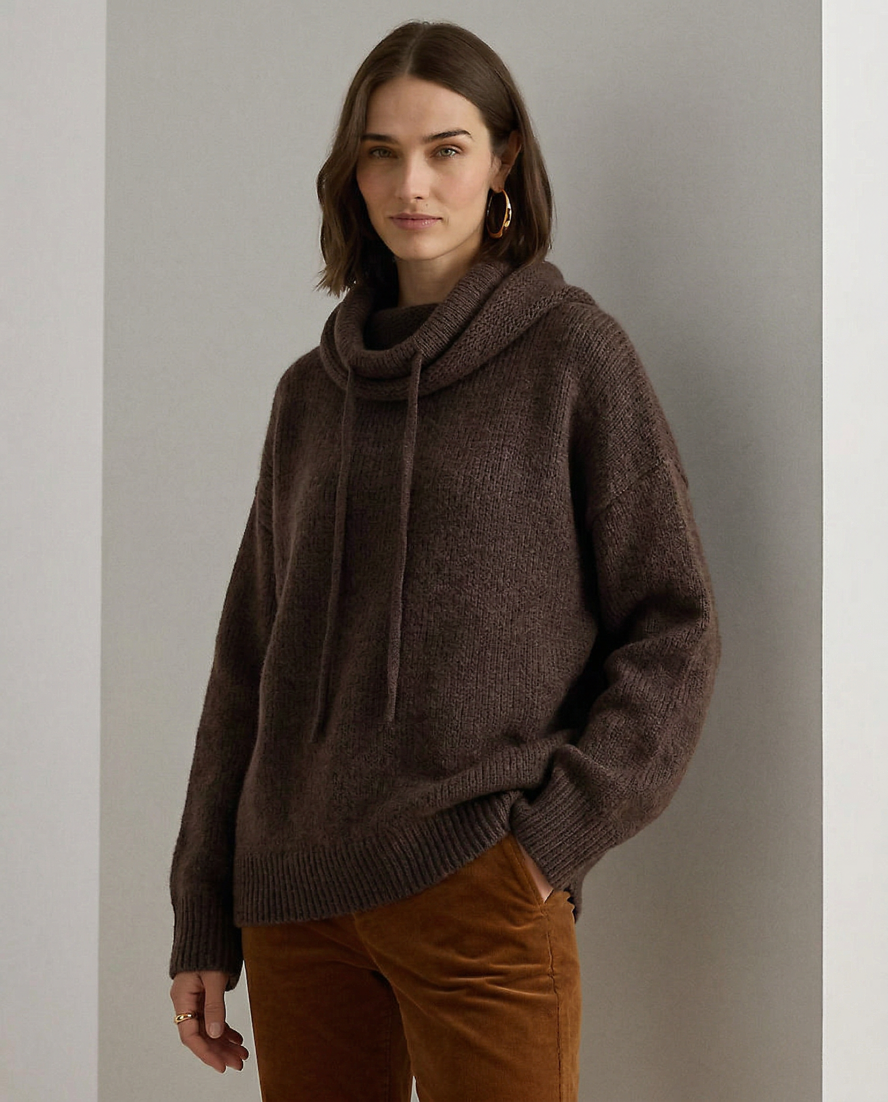Knit Hoodie Women Relaxed Fit Ribbed Trim Long Sleeve