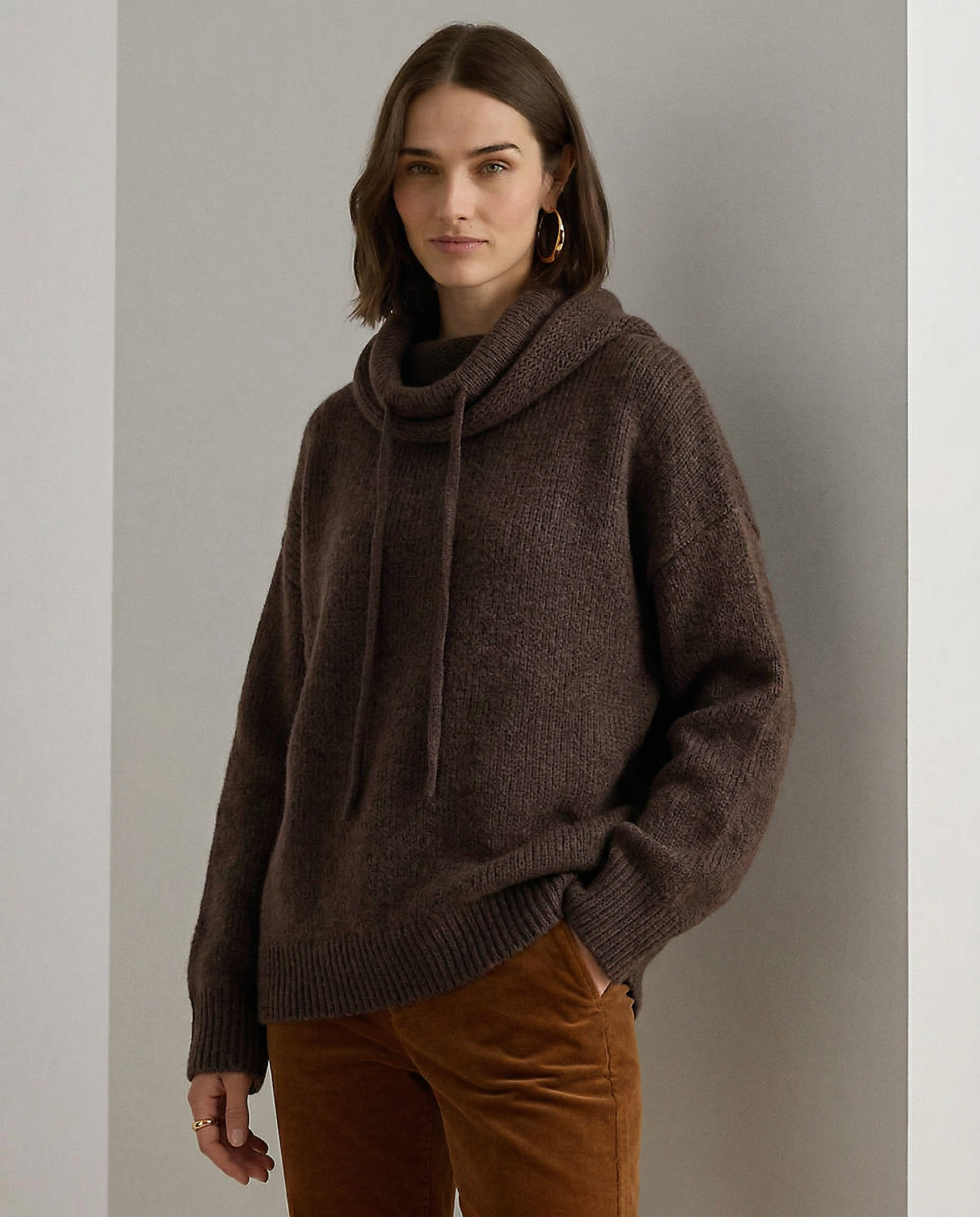 Knit Hoodie Women Relaxed Fit Ribbed Trim Long Sleeve