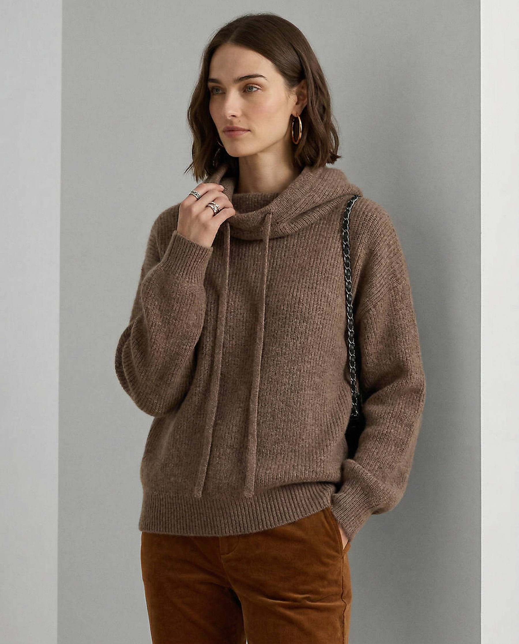 Knit Hoodie Women Relaxed Fit Ribbed Trim Long Sleeve