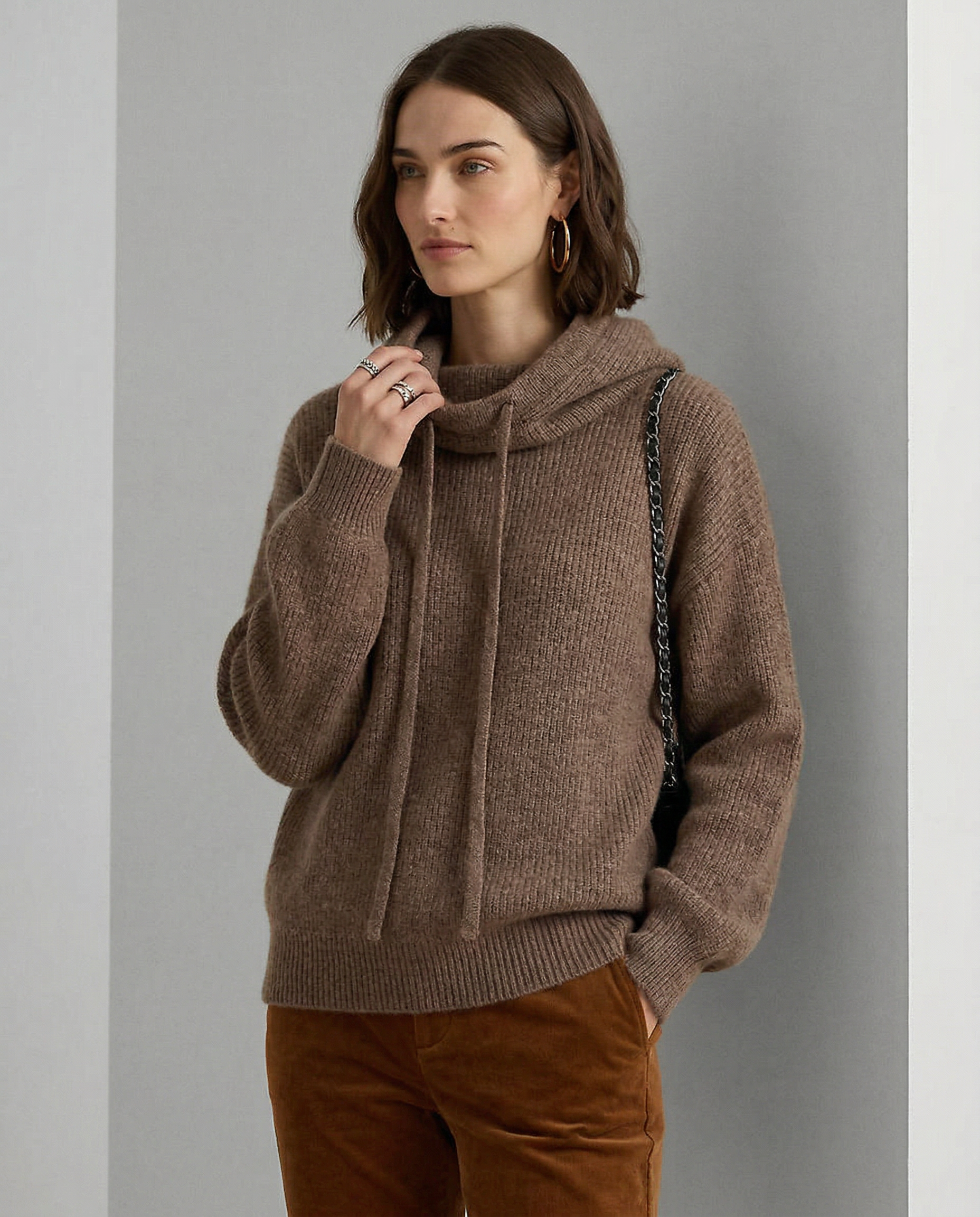 Knit Hoodie Women Relaxed Fit Ribbed Trim Long Sleeve