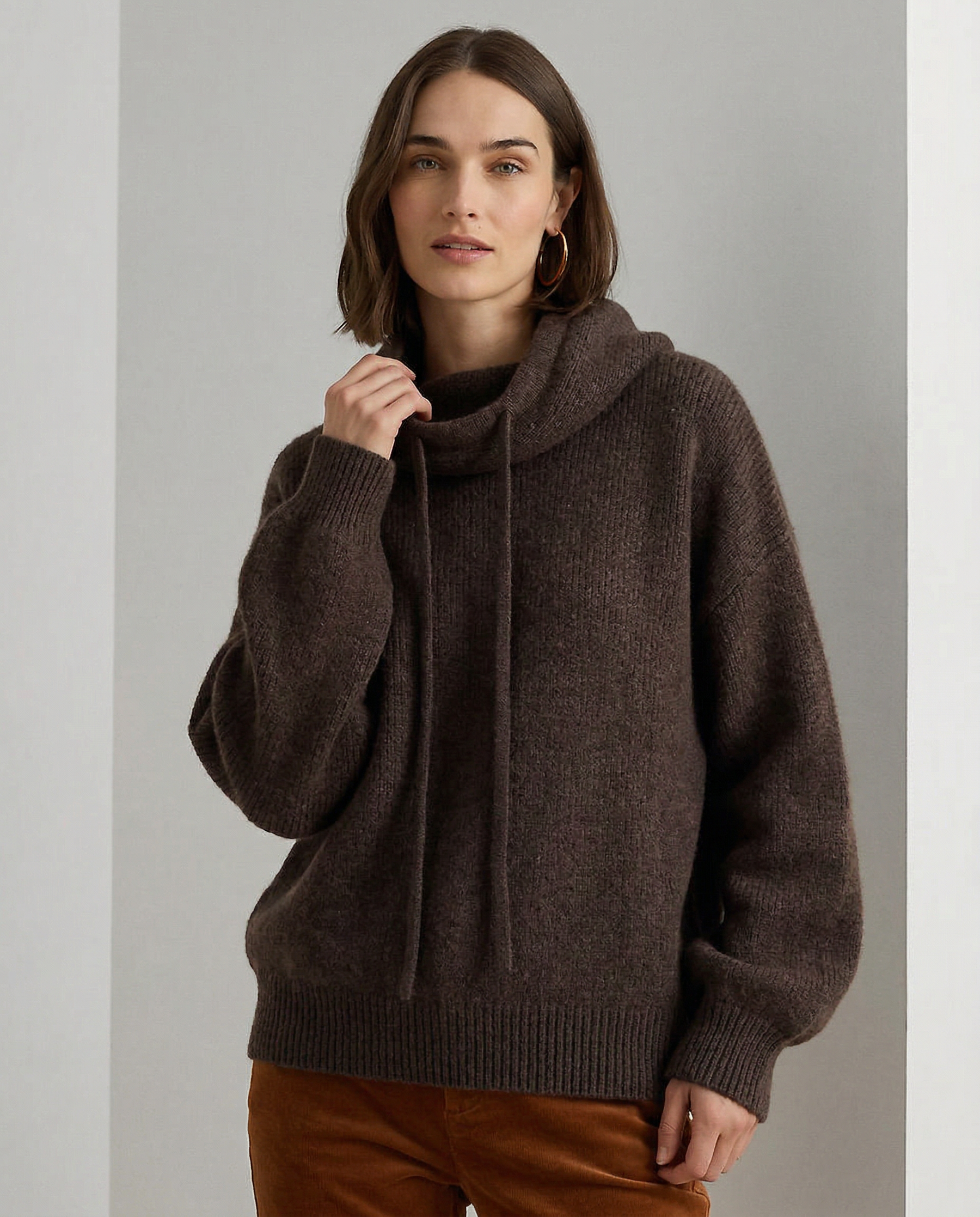 Knit Hoodie Women Relaxed Fit Ribbed Trim Long Sleeve