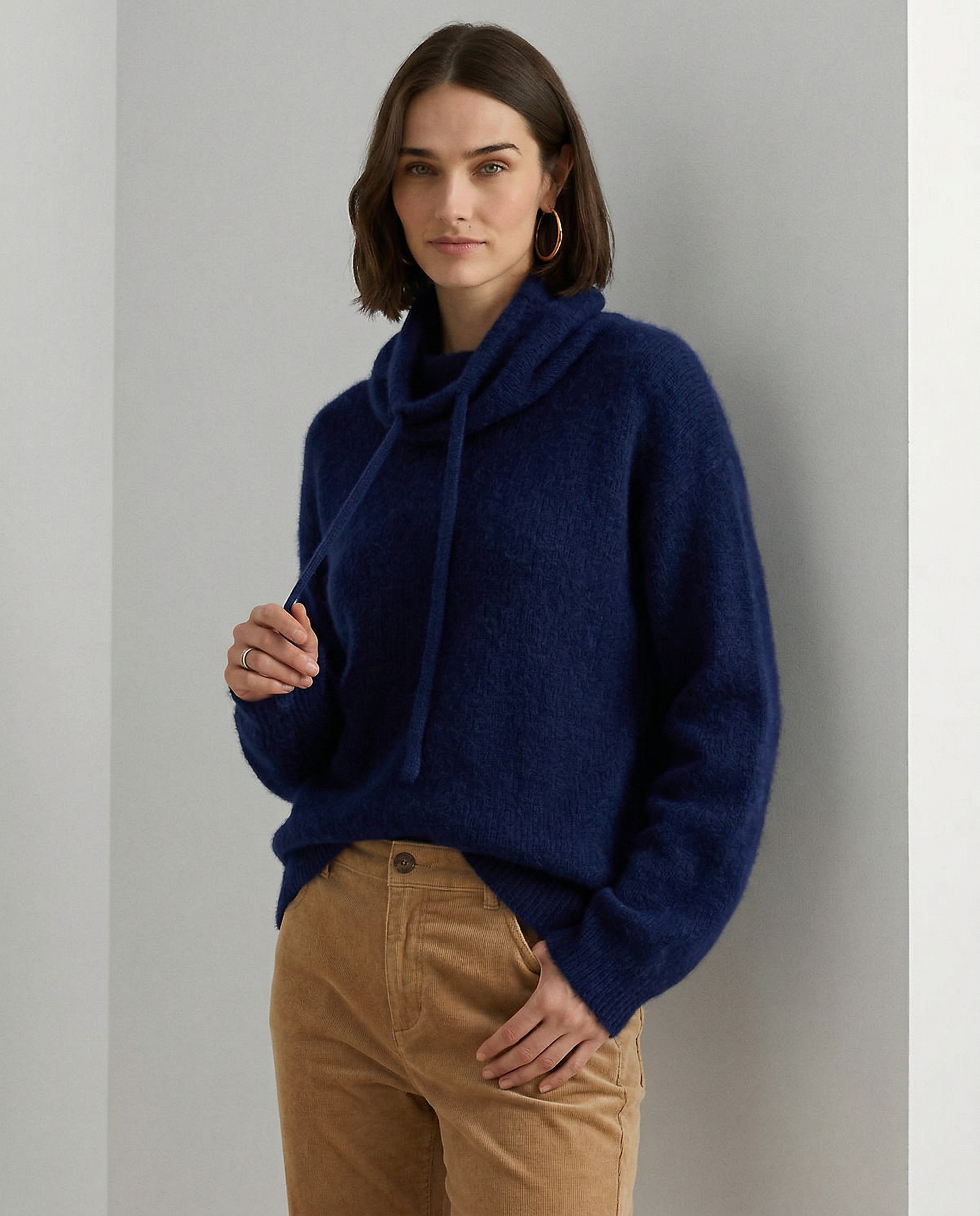 Knit Hoodie Women Relaxed Fit Ribbed Trim Long Sleeve