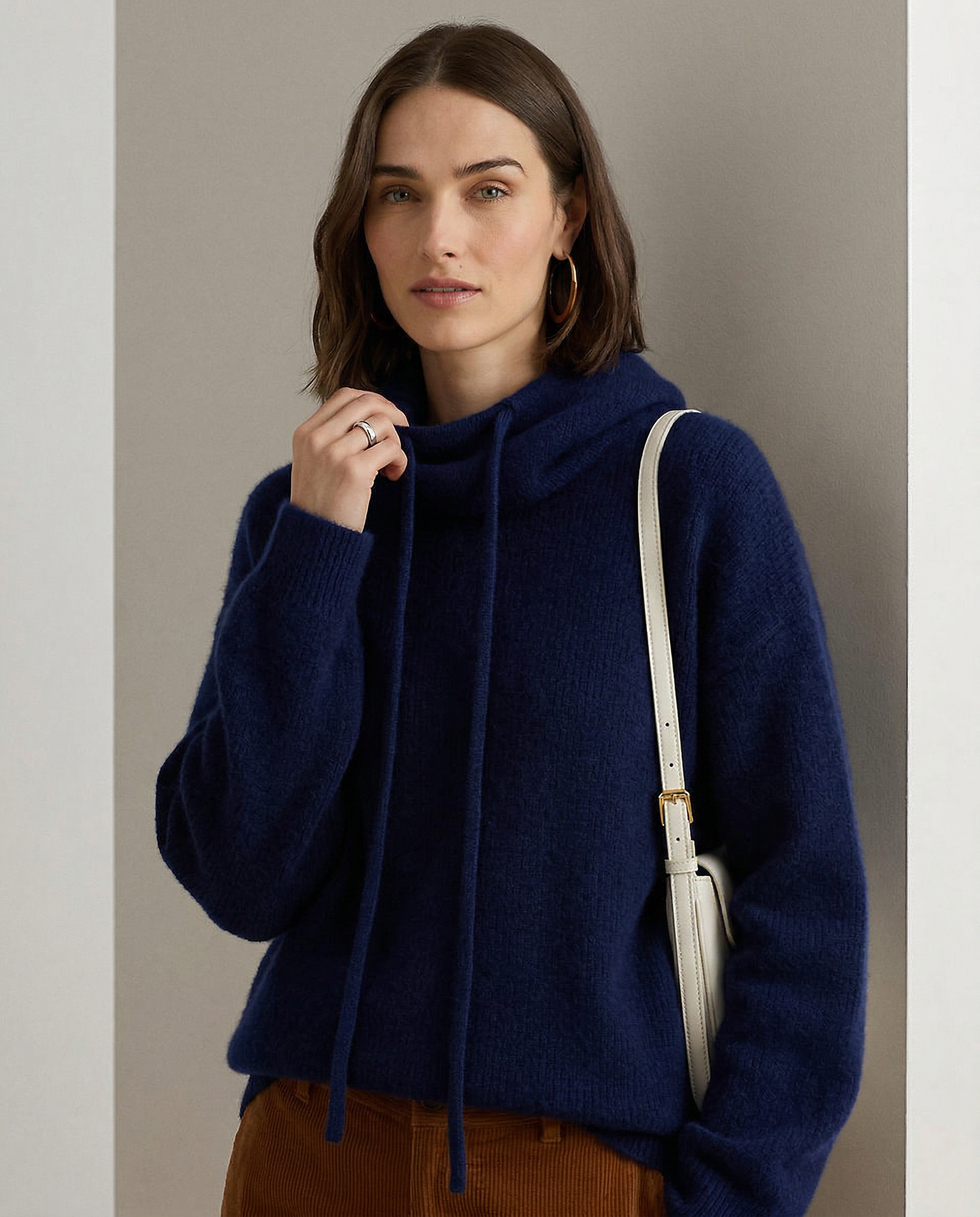Knit Hoodie Women Relaxed Fit Ribbed Trim Long Sleeve