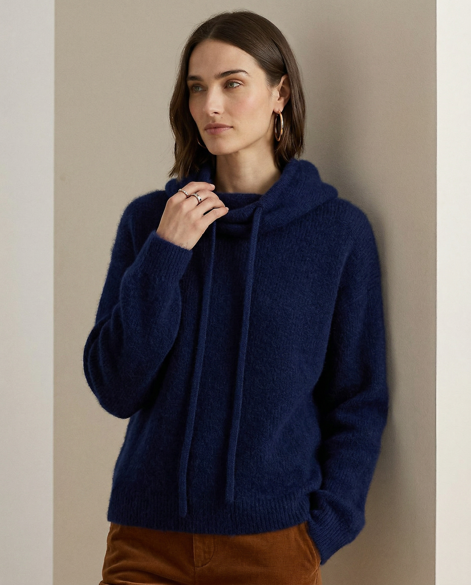 Knit Hoodie Women Relaxed Fit Ribbed Trim Long Sleeve