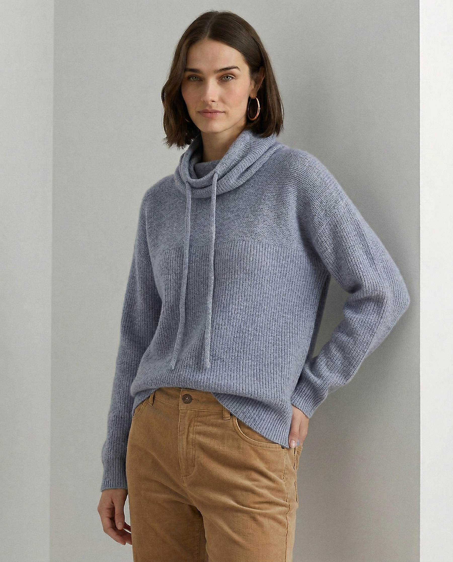 Knit Hoodie Women Relaxed Fit Ribbed Trim Long Sleeve