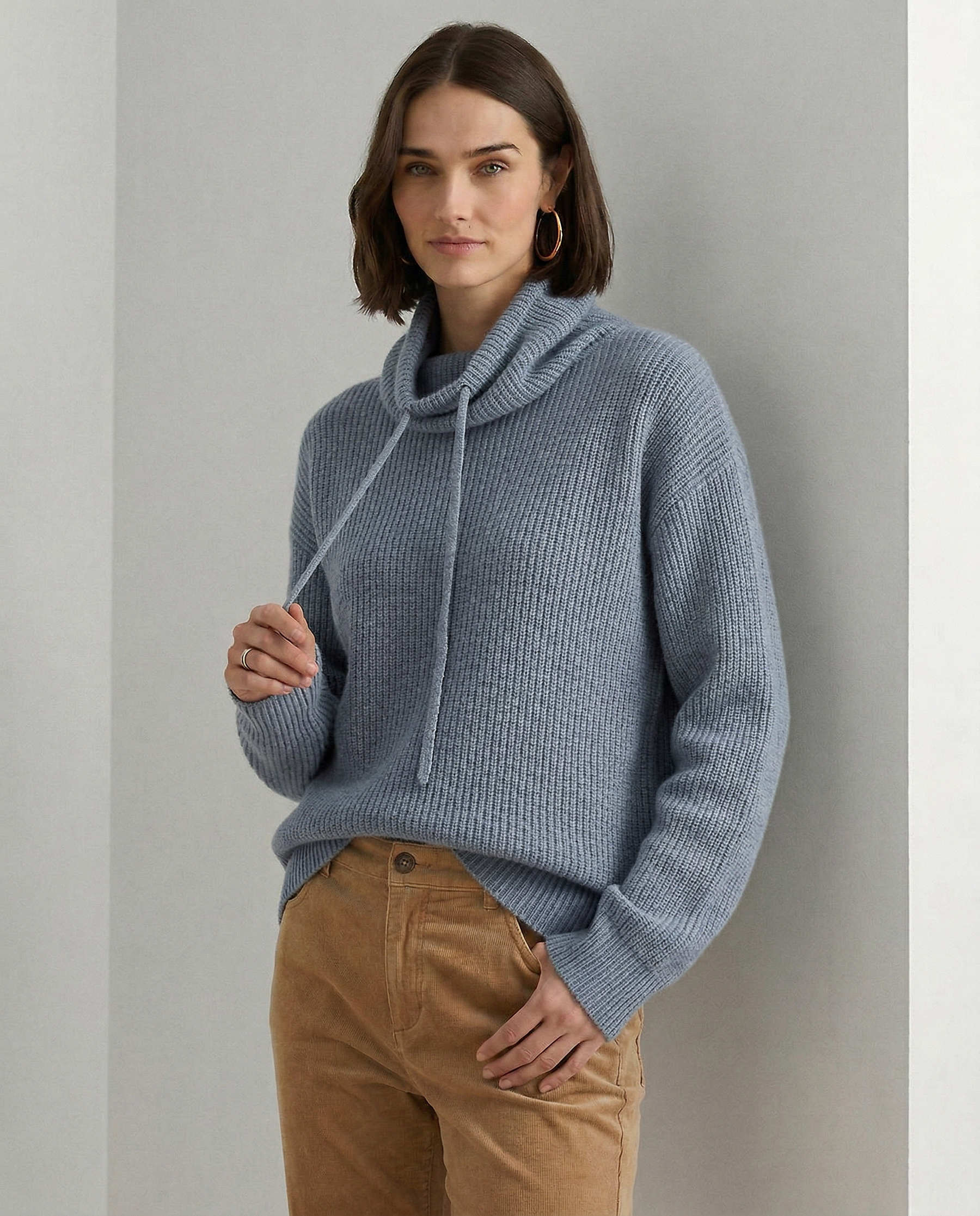 Knit Hoodie Women Relaxed Fit Ribbed Trim Long Sleeve