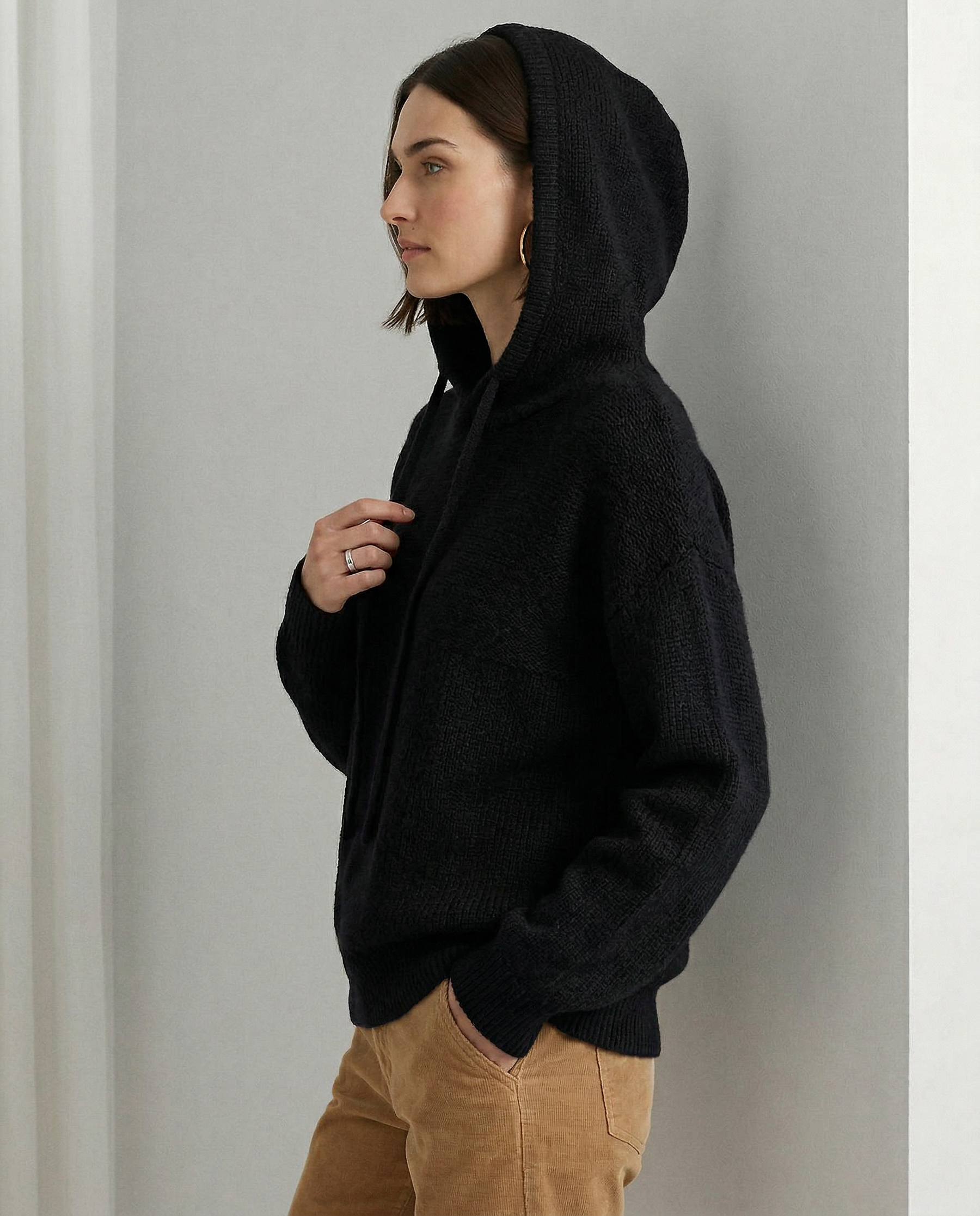 Knit Hoodie Women Relaxed Fit Ribbed Trim Long Sleeve