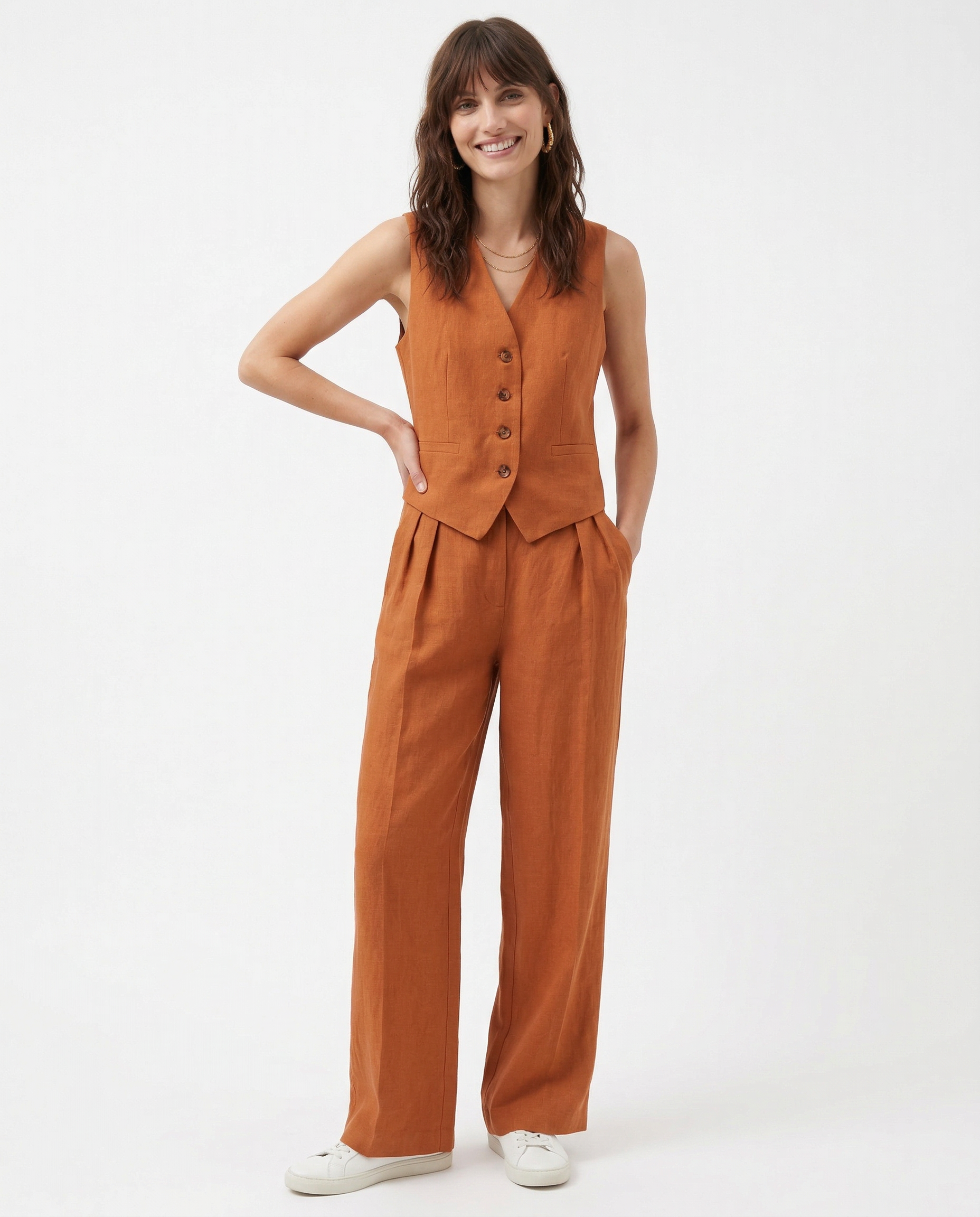 White women's wide leg linen trousers with high waist, stylish and comfortable pants for casual or chic outfits.