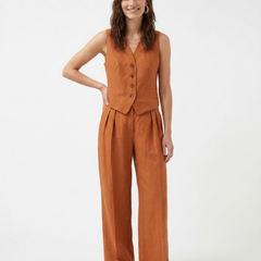 White women's wide leg linen trousers with high waist, relaxed fit, and stylish design, perfect for casual or summer wear.