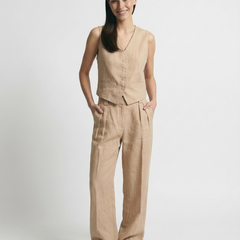 White women's wide leg linen trousers with high waist, stylish and comfortable pants for casual or chic wear.