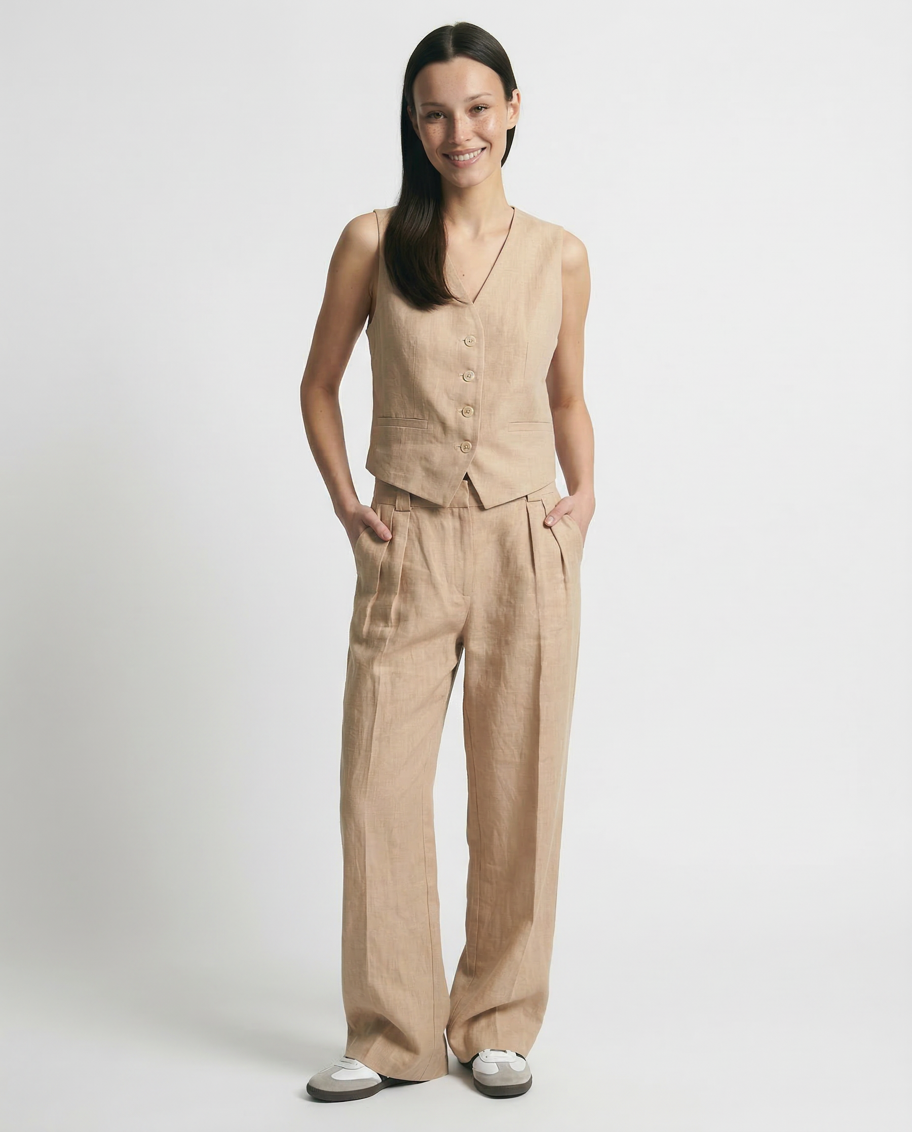 White women's wide leg linen trousers with high waist, stylish and comfortable pants for casual or chic wear.