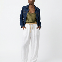 Light beige tapered linen trousers for women, loose pull-on style with a relaxed fit, from My Store.