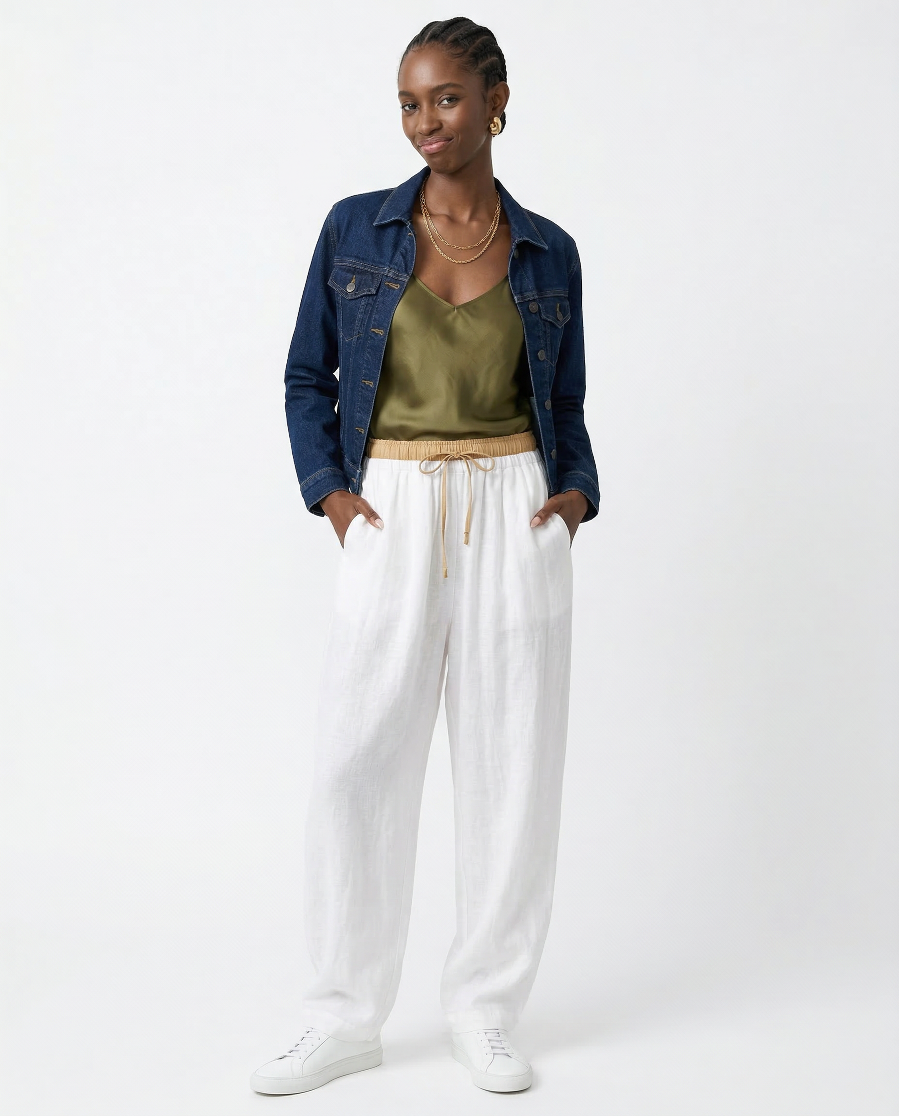 Light beige tapered linen trousers for women, loose pull-on style with a relaxed fit, from My Store.