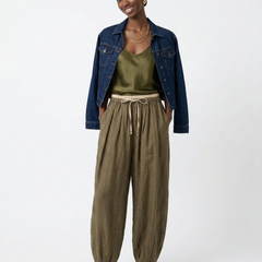 Beige tapered linen trousers for women, loose pull-on style, comfortable casual pants, stylish women's pants by My Store
