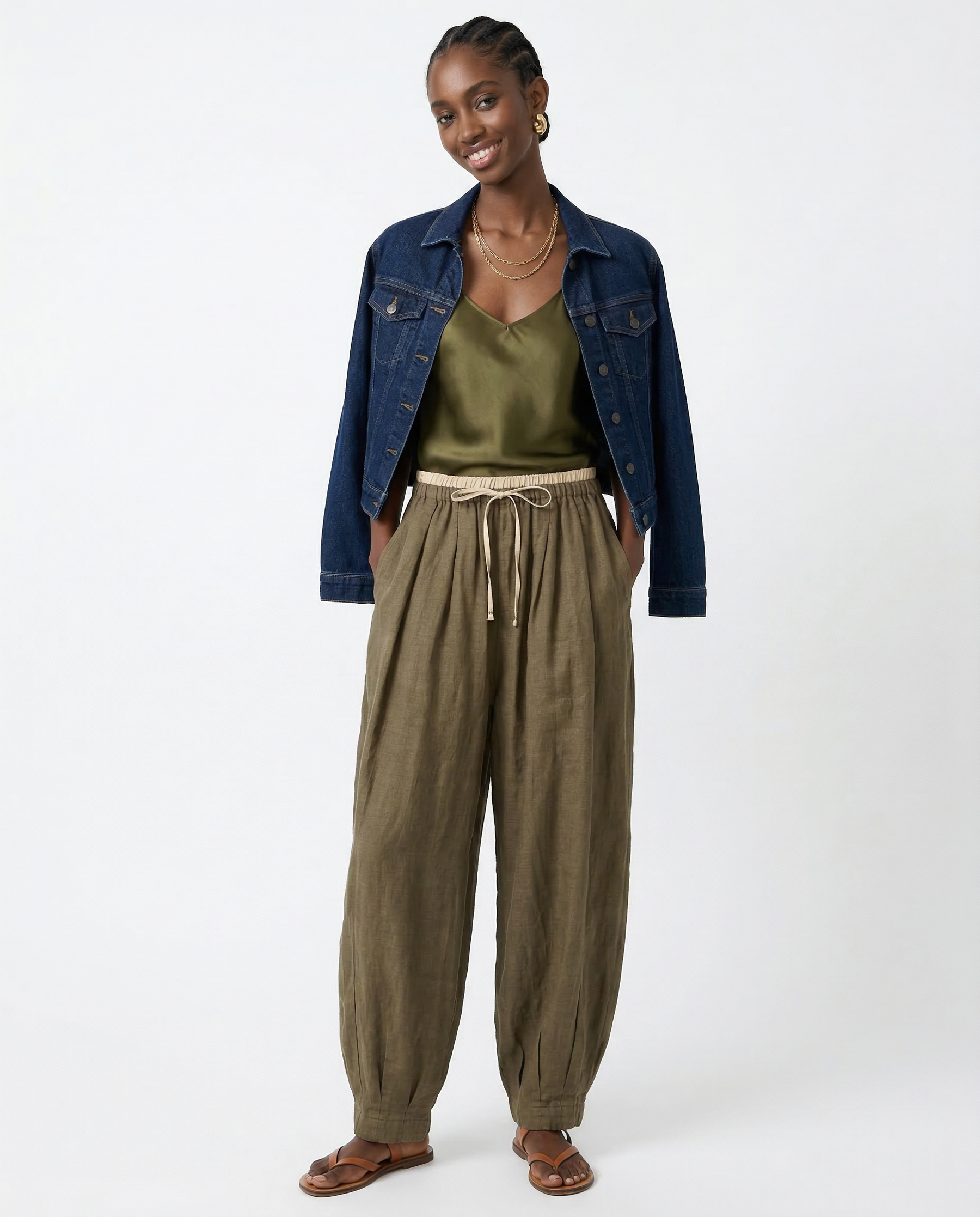 Beige tapered linen trousers for women, loose pull-on style, comfortable casual pants, stylish women's pants by My Store