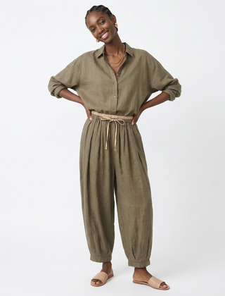Beige tapered linen trousers for women, loose pull-on pants, casual style, comfortable fit, made by My Store.