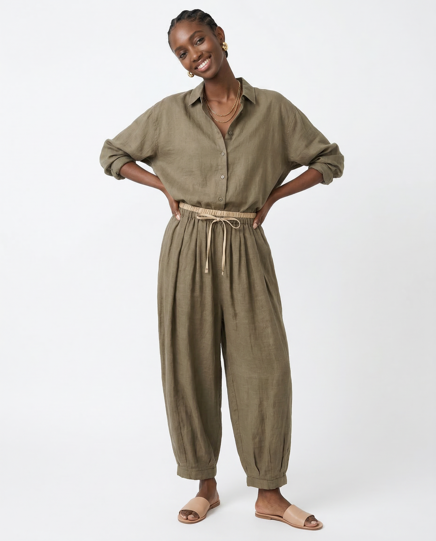 Beige tapered linen trousers for women, loose pull-on pants, casual style, comfortable fit, made by My Store.