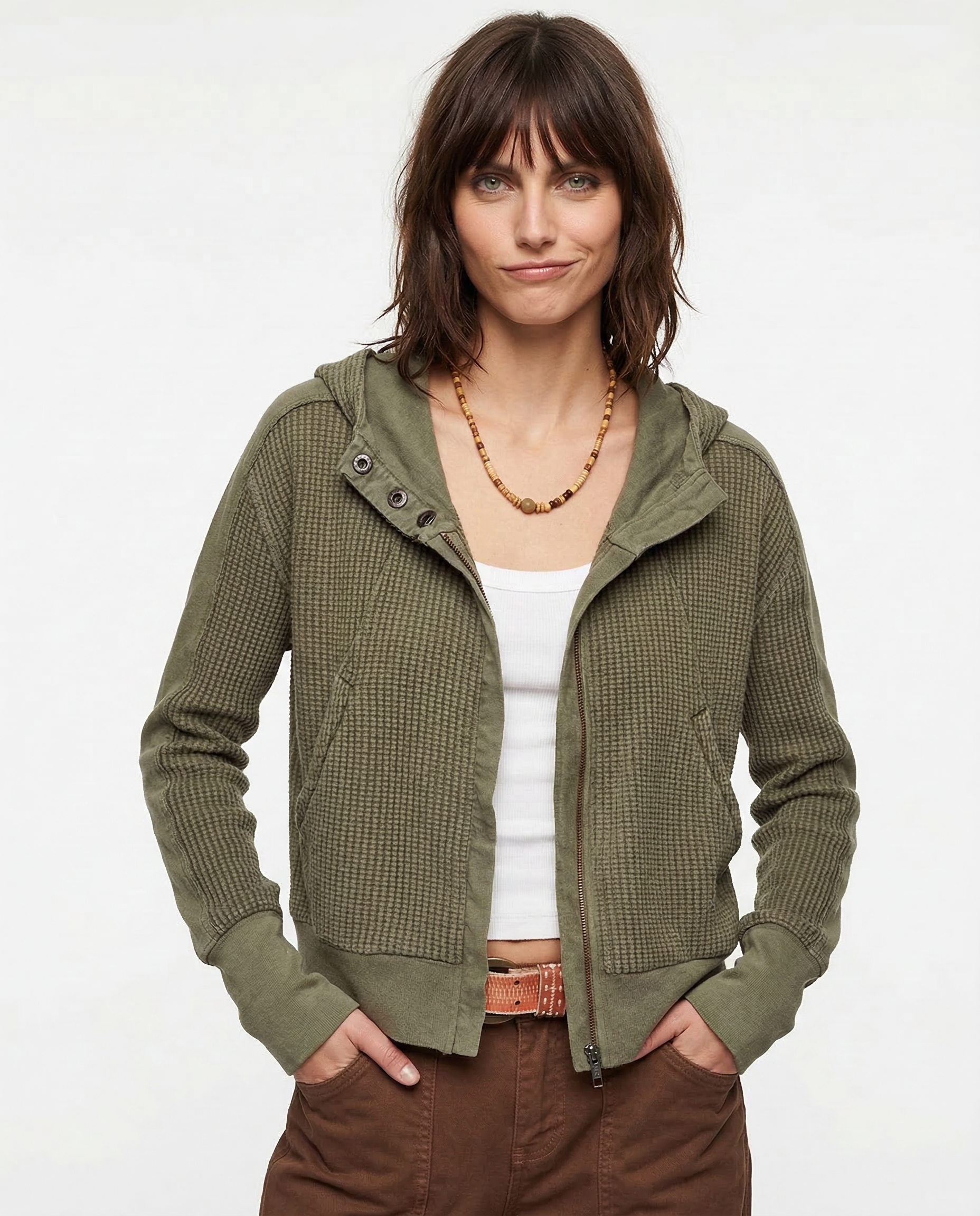 Cropped Waffle Hoodie Women Cotton Zip Front Hooded