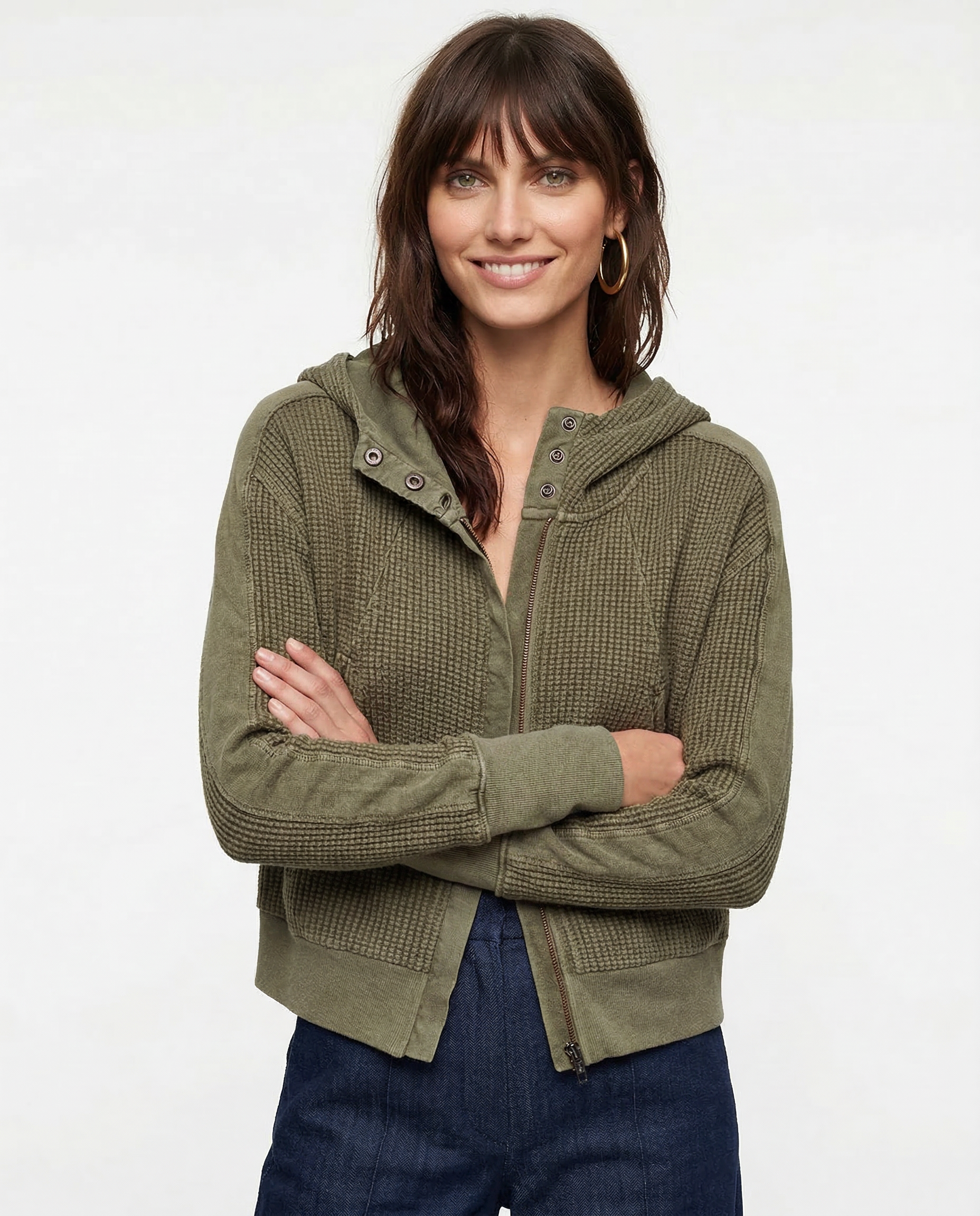 Cropped Waffle Hoodie Women Cotton Zip Front Hooded