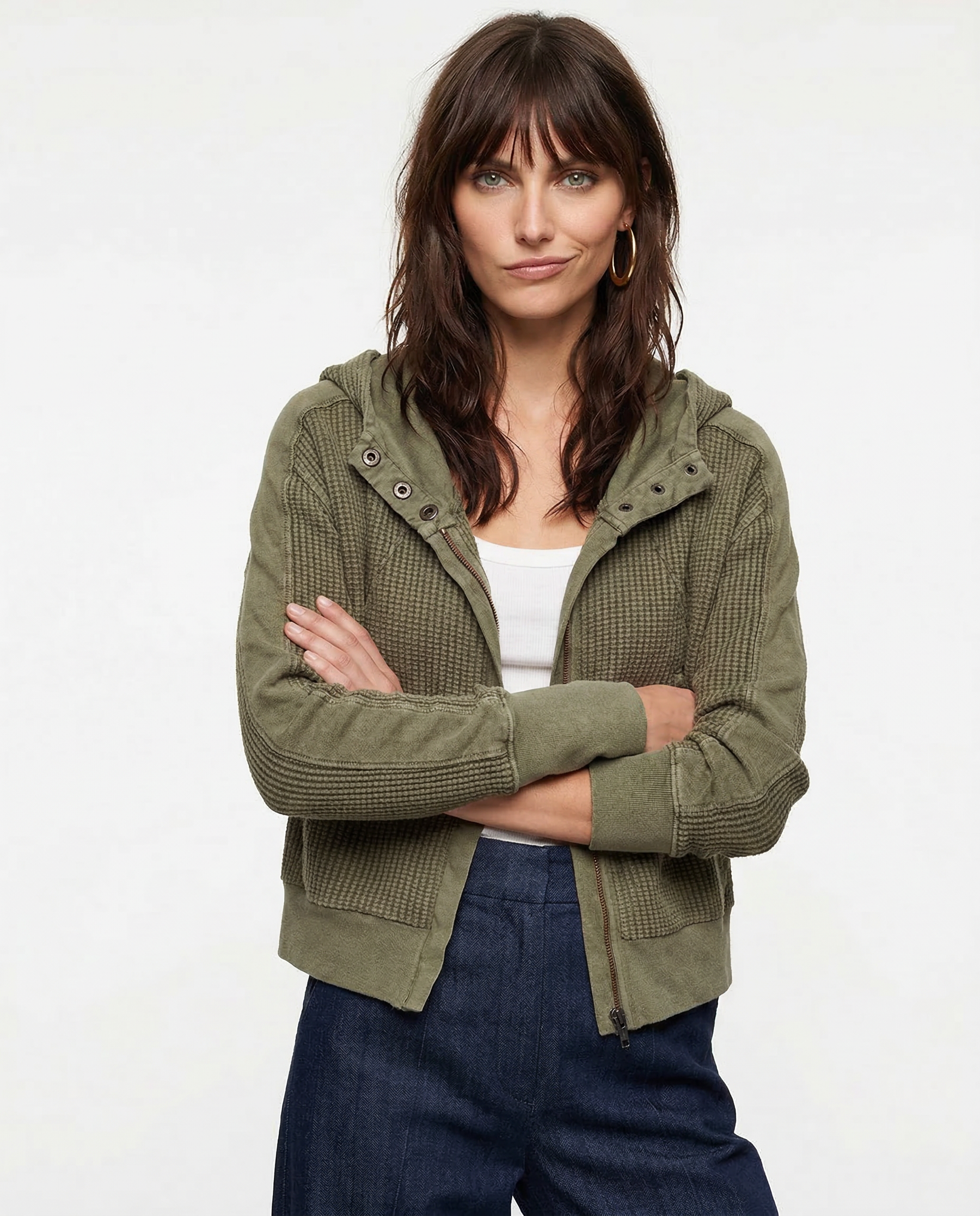 Cropped Waffle Hoodie Women Cotton Zip Front Hooded