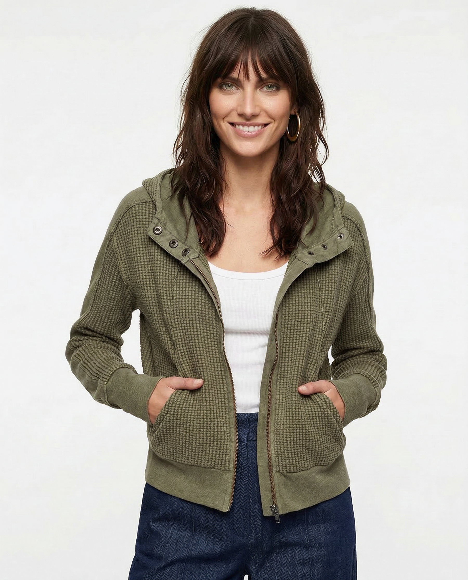 Cropped Waffle Hoodie Women Cotton Zip Front Hooded