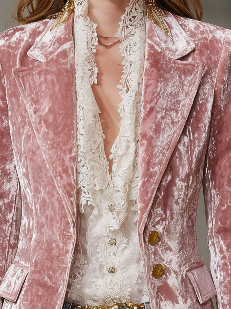 Pink velvet blazer for women with gold buttons, stylish women's jacket or blazer in a soft velvet fabric.